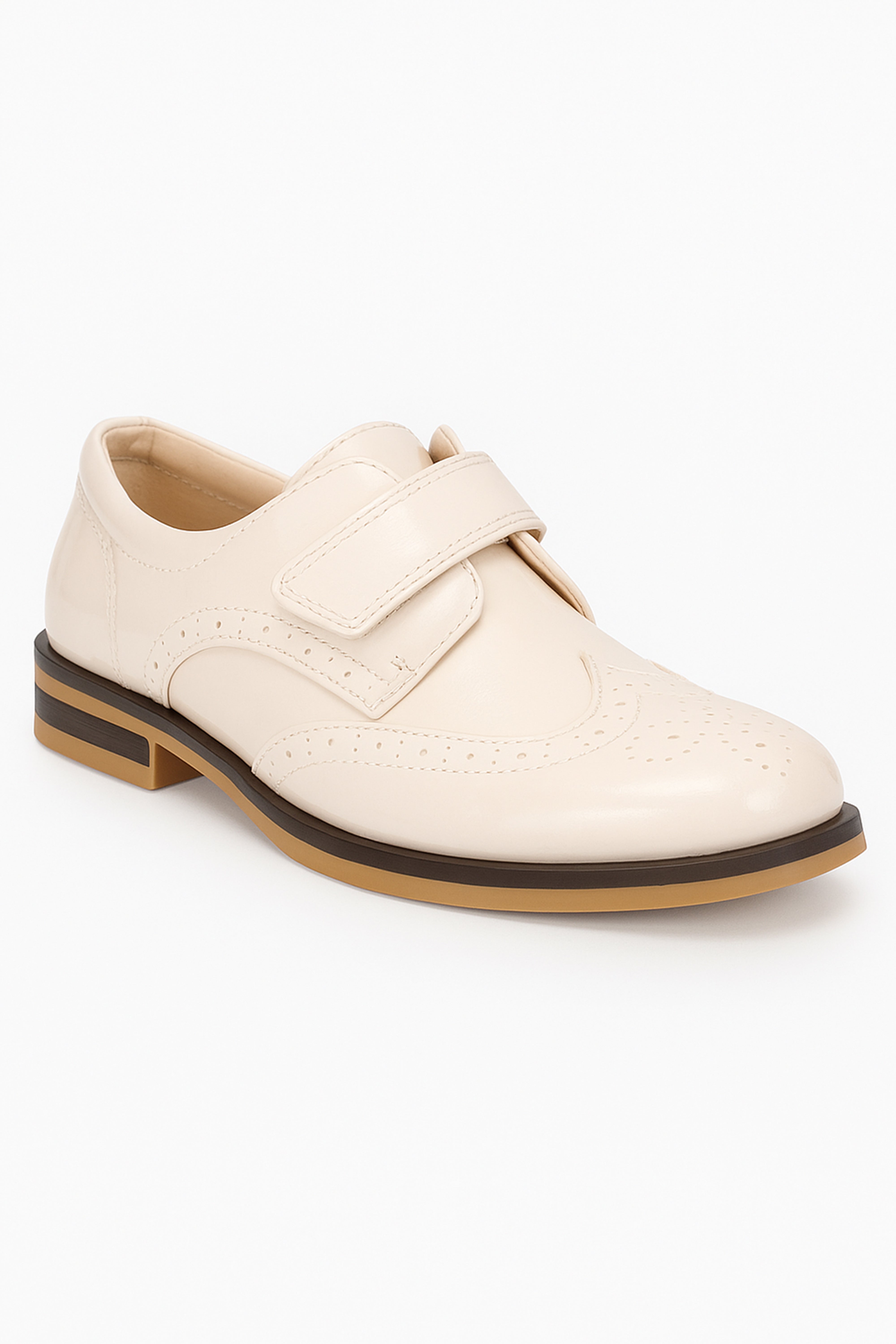 Boys Patent Brogue Velcro Dress Shoes - Ivory-Cream