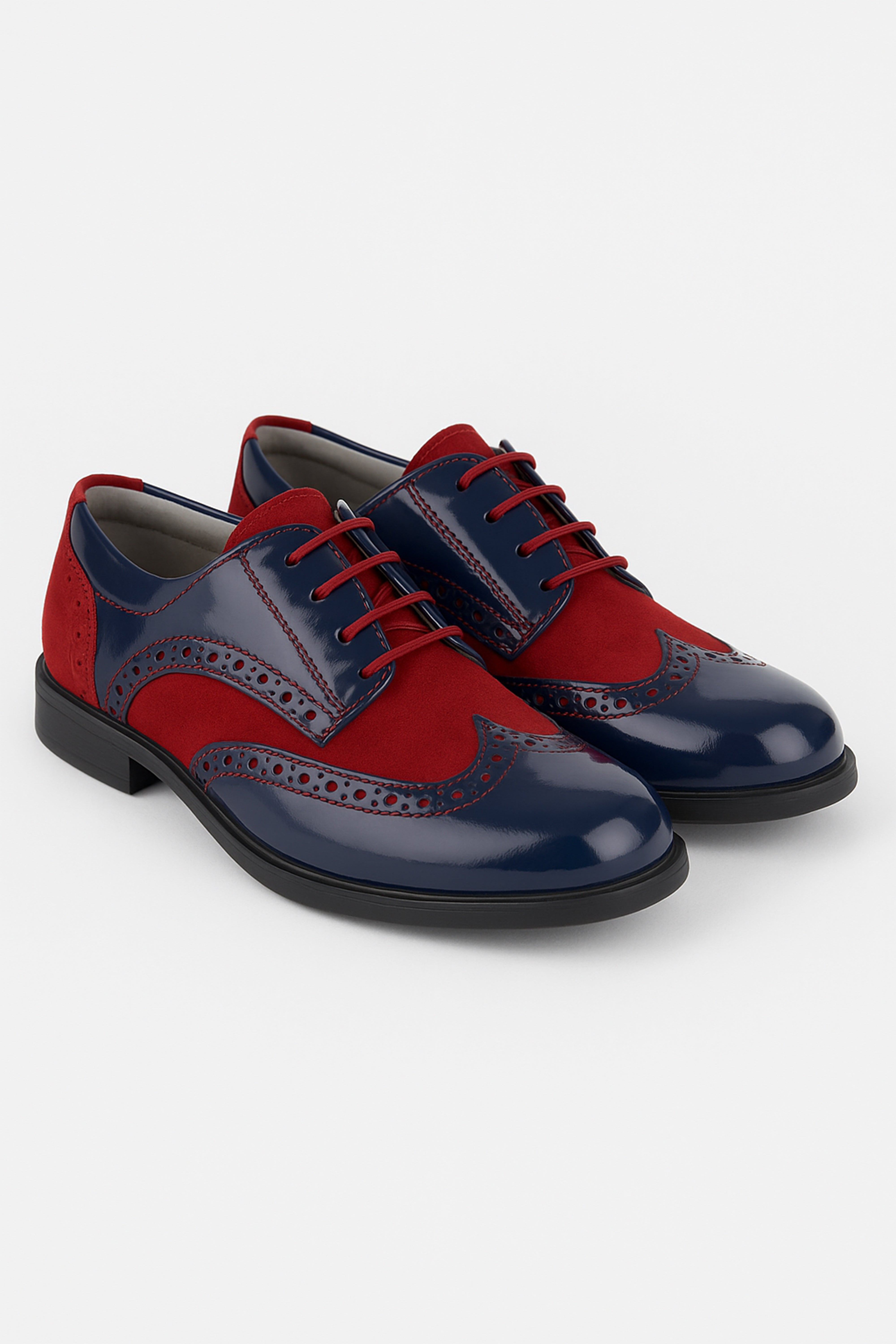 Boys Patent Leather & Suede Lace Up Brogue Derby Shoes - Navy Blue - Burgundy Pair Side Picture