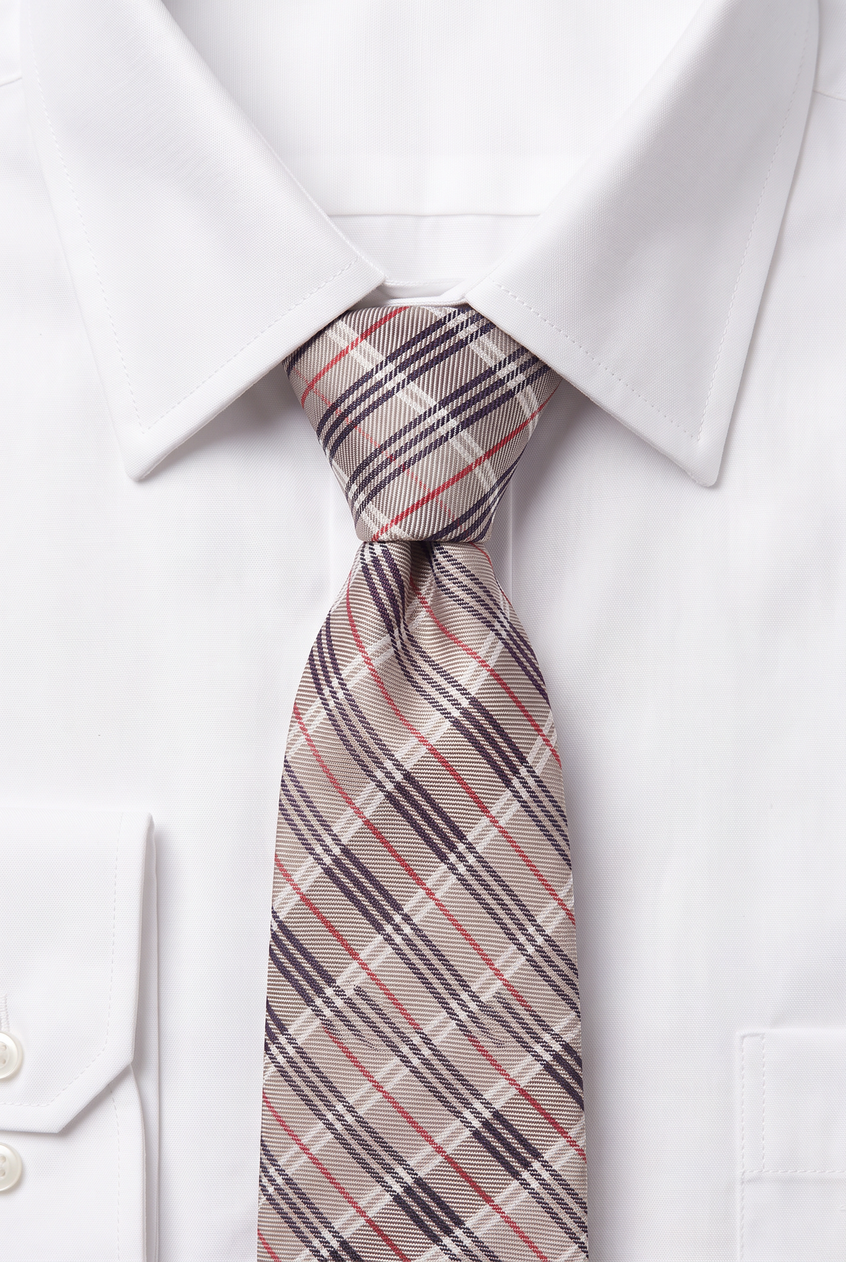 Boys Plaid Checkered Tie & Hankie Set - Beige - Red and Black