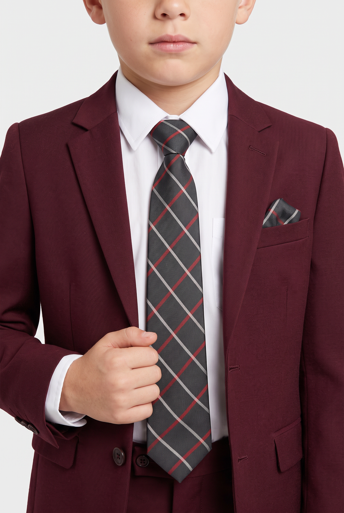 Boys Plaid Checkered Tie & Hankie Set Black- Red