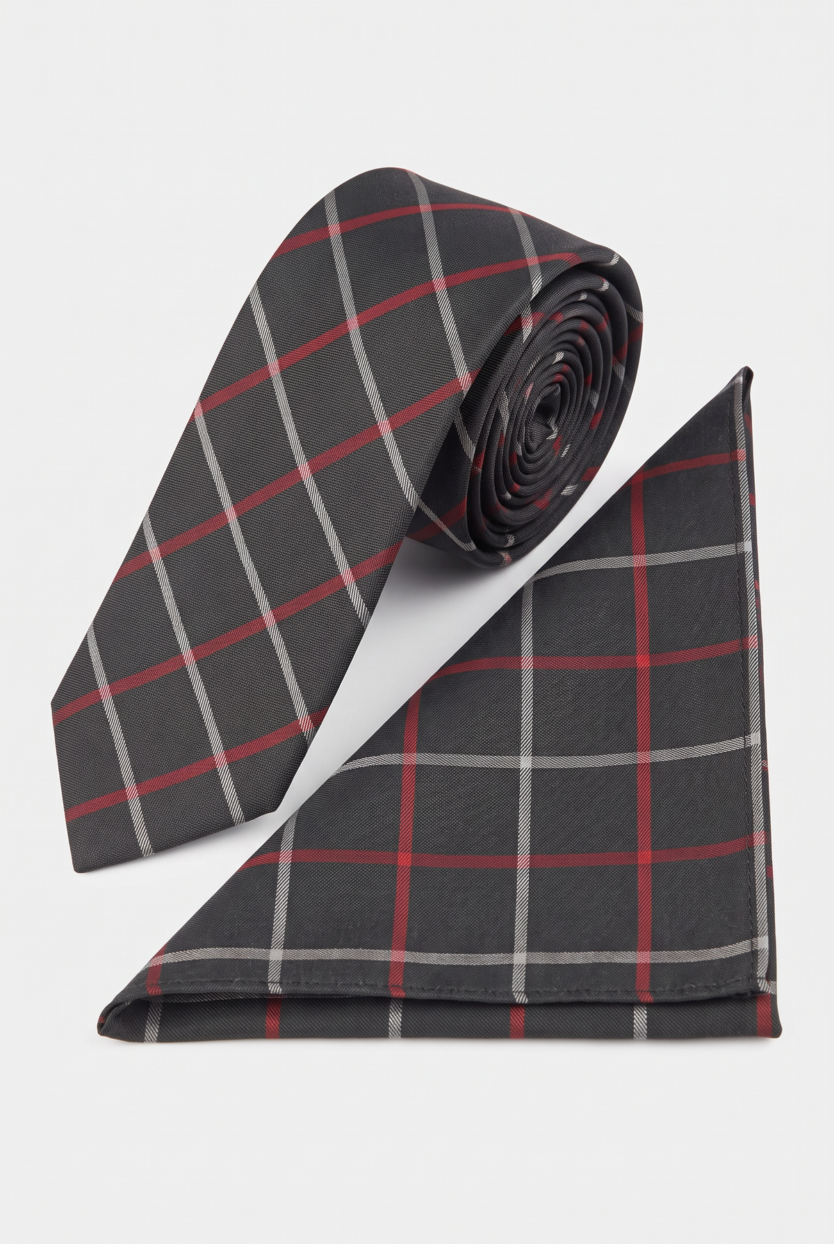 Boys Plaid Checkered Tie & Hankie Set Black- Red