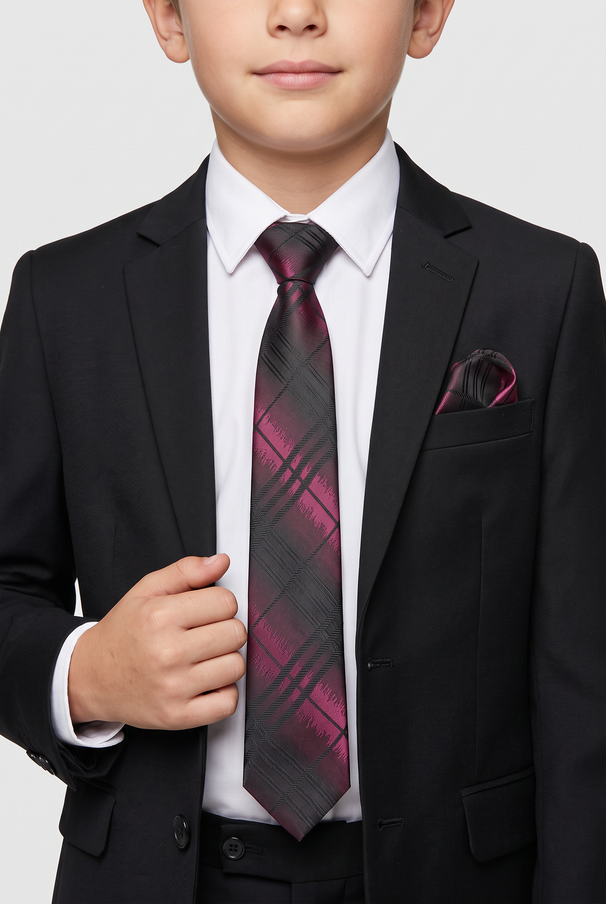 Boys Plaid Checkered Tie & Hankie Set Black and Red