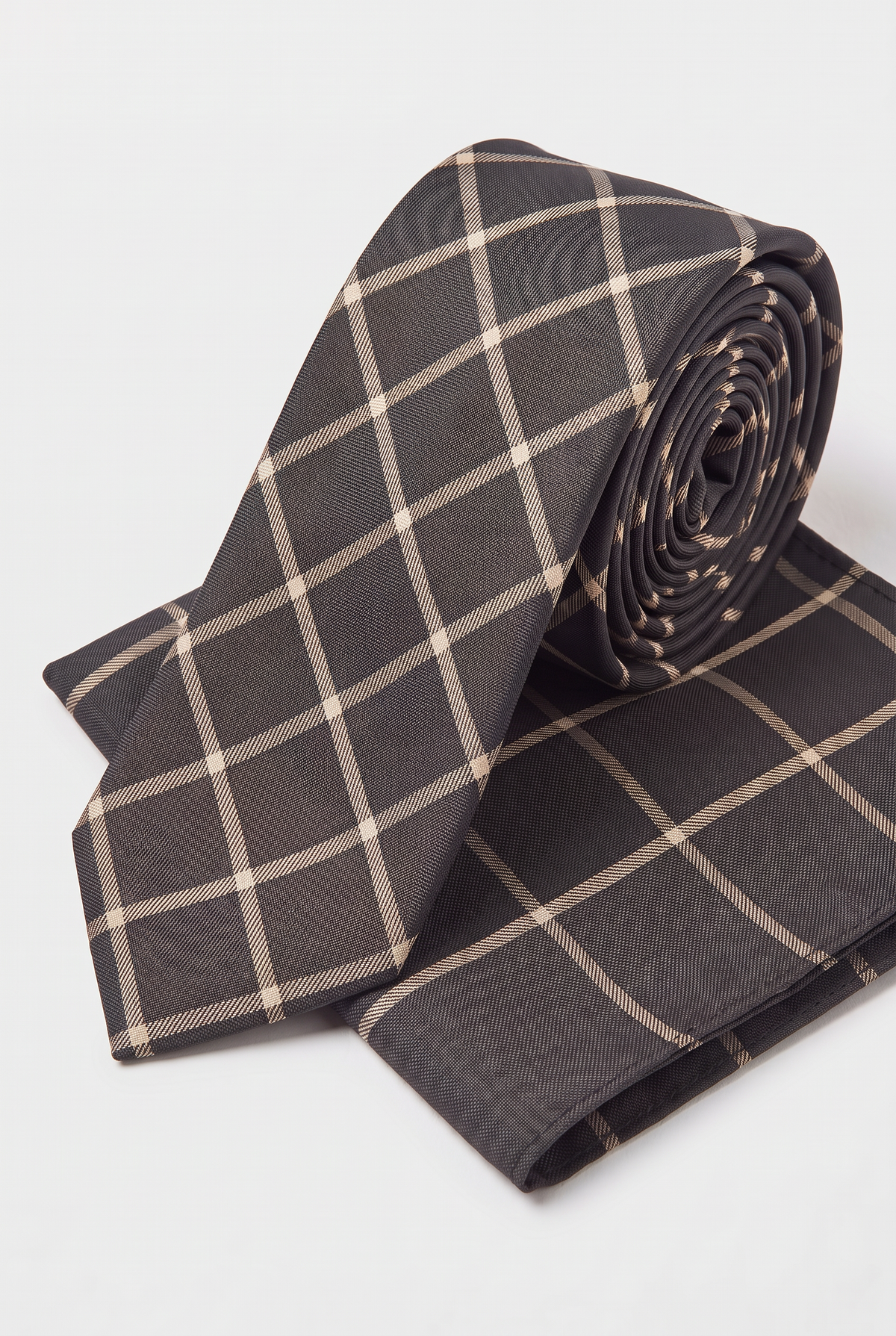 Boys Plaid Checkered Tie & Hankie Set Dark Brown and Beige
