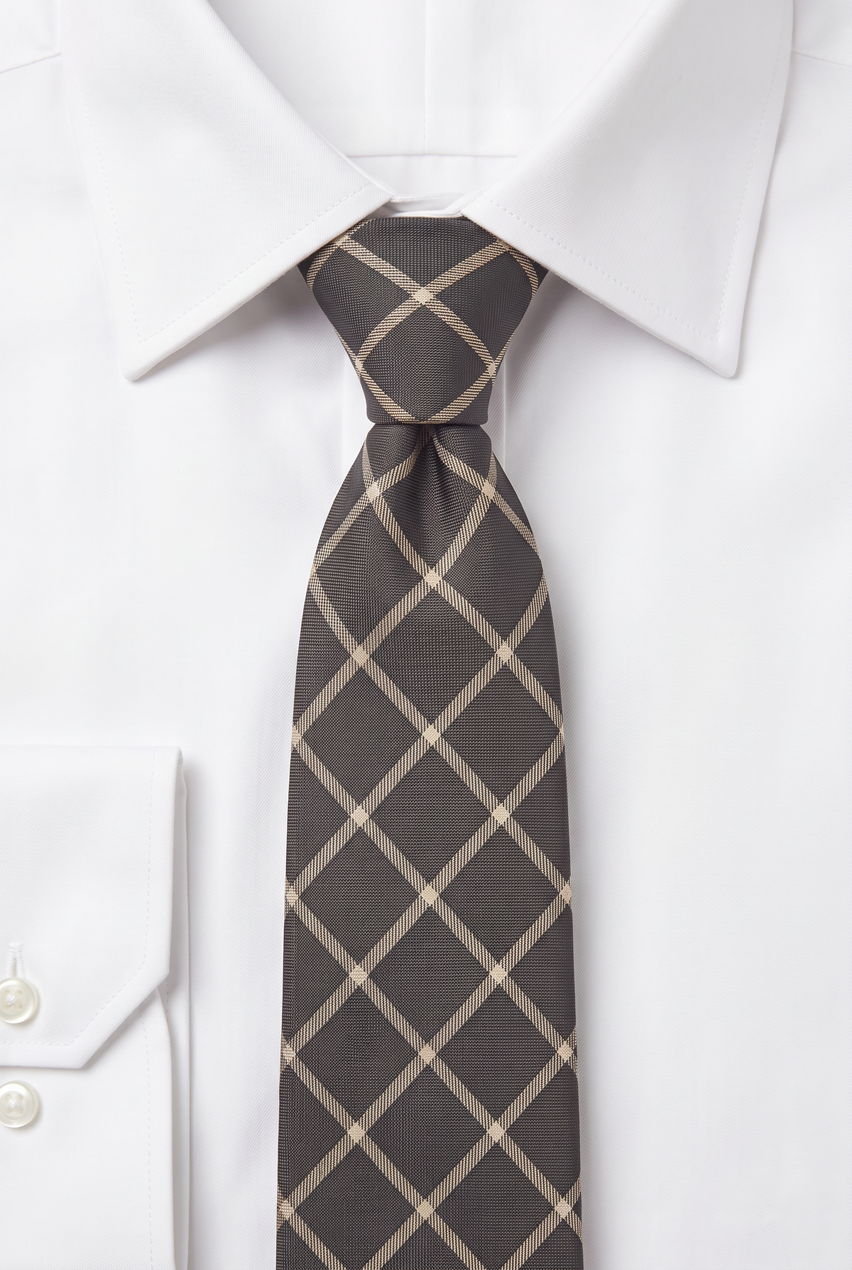 Boys Plaid Checkered Tie & Hankie Set Dark Brown and Beige
