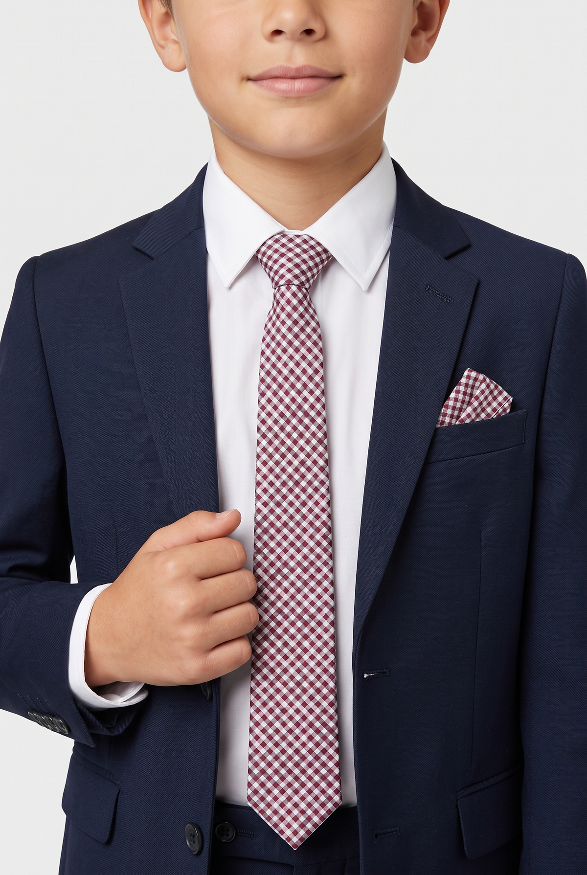 Boys Plaid Checkered Tie & Hankie Set Burgundy and Grey