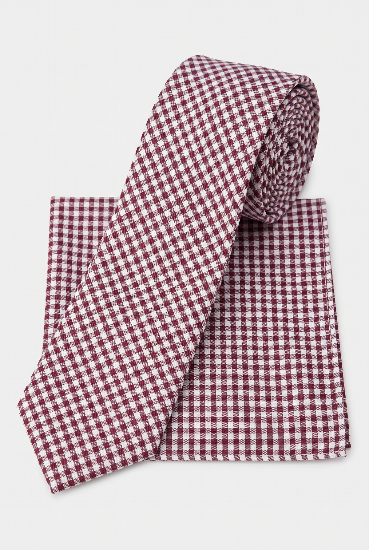 Boys Plaid Checkered Tie & Hankie Set Burgundy and Grey
