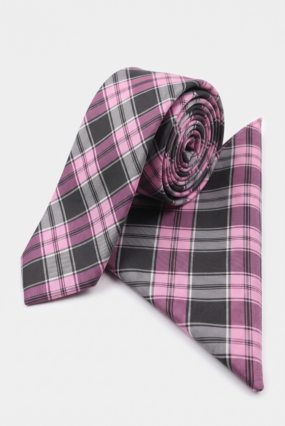 Boys Plaid Checkered Tie & Hankie Set Pink and Grey