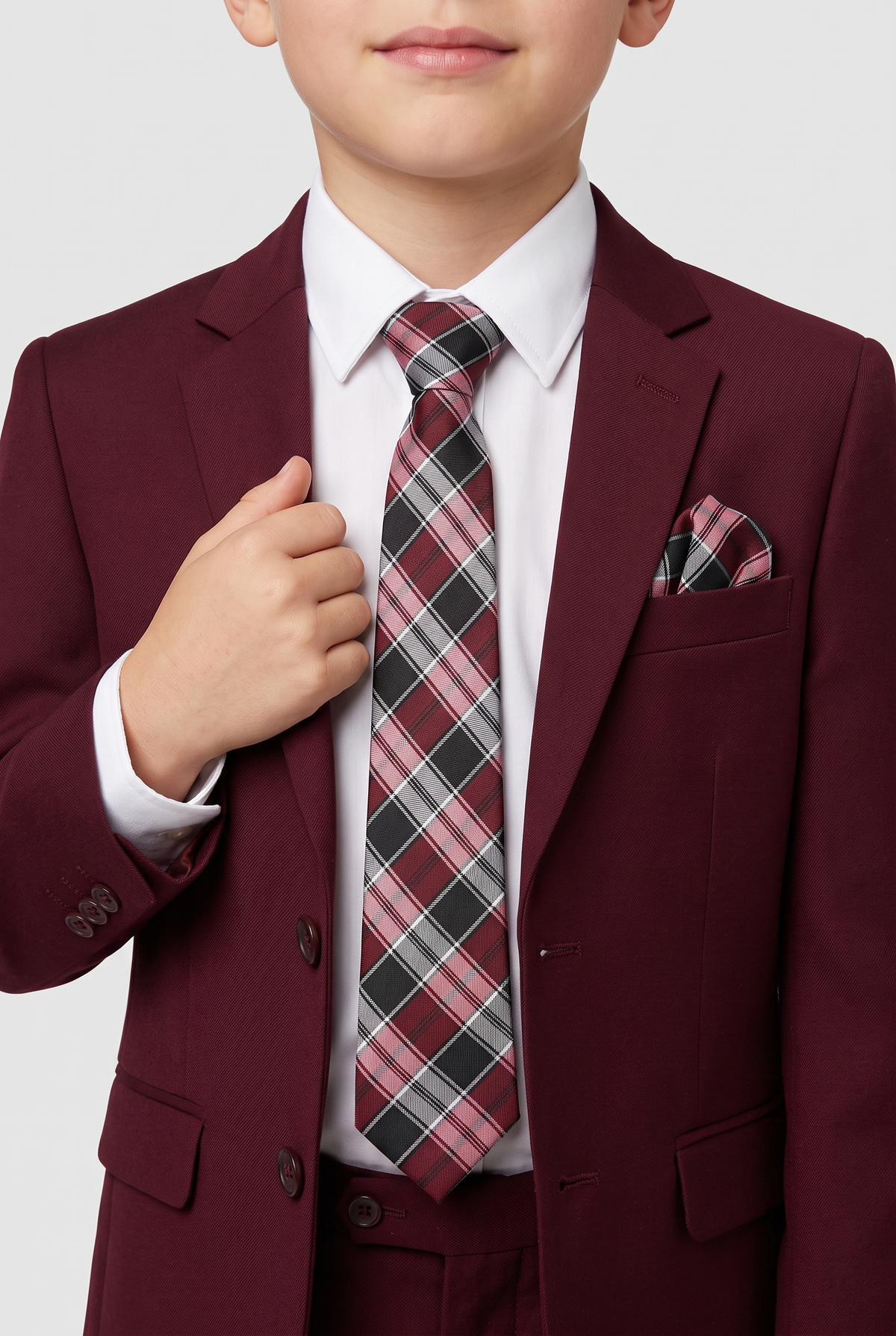Boys Plaid Checkered Tie & Hankie Set Red and Grey