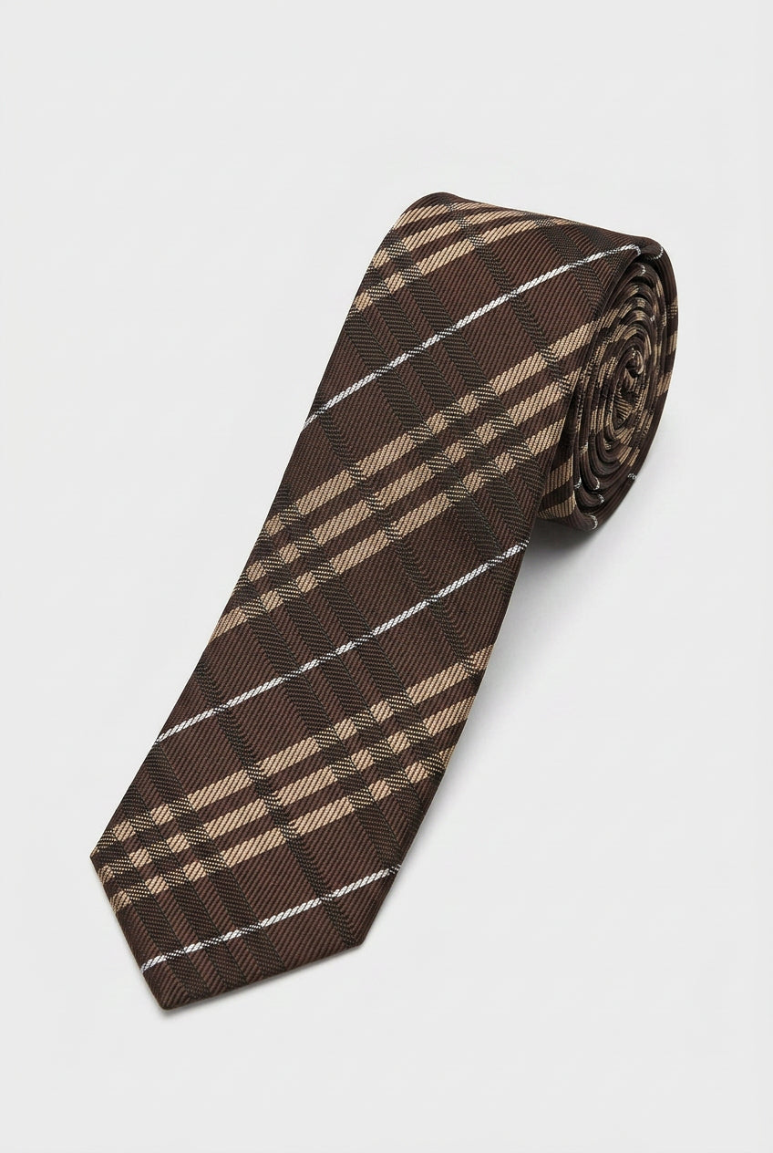 Boys Plaid Jacquard Slim Tie - Brown