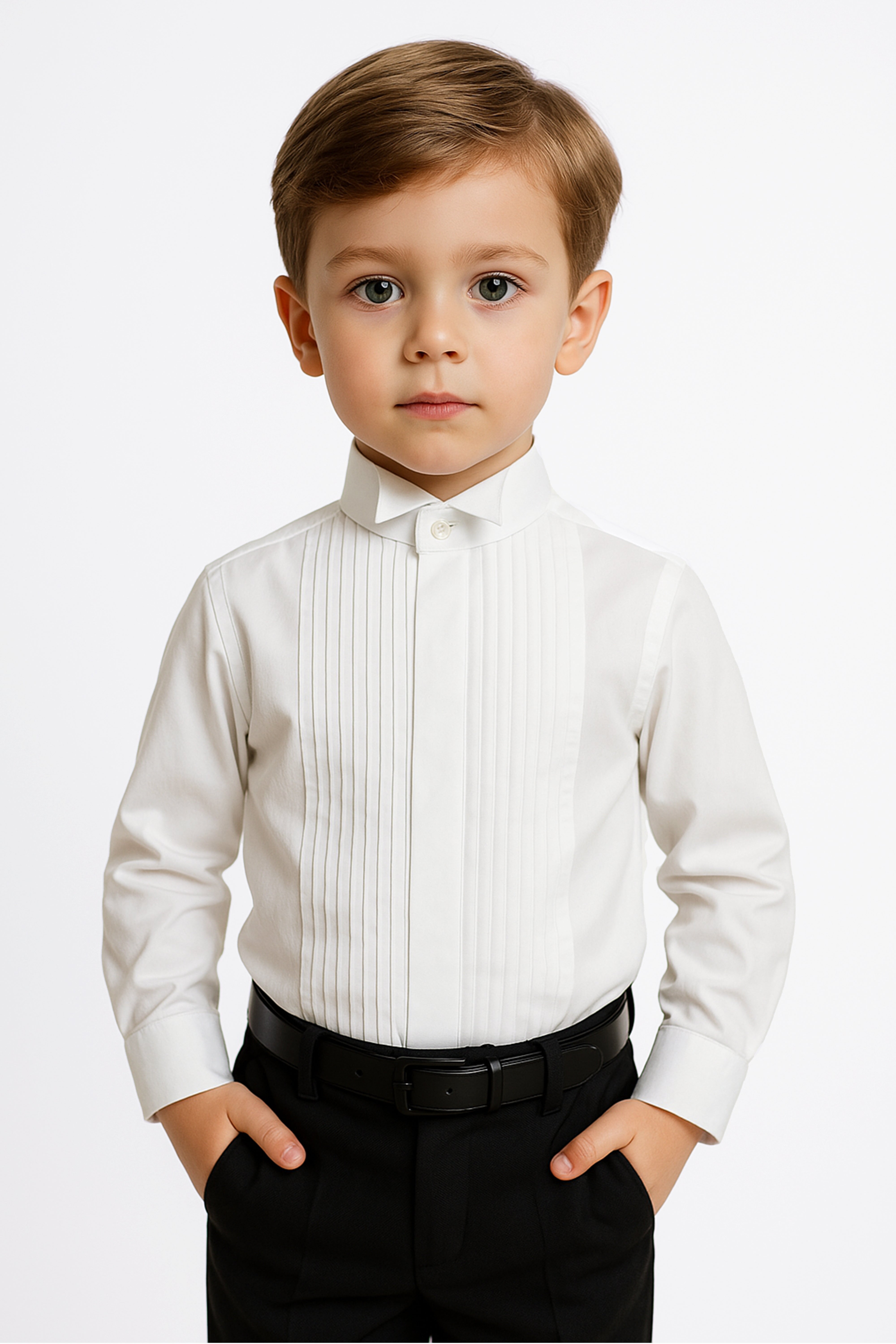 Boys Pleated Wing Collar Tuxedo Shirt - Ivory