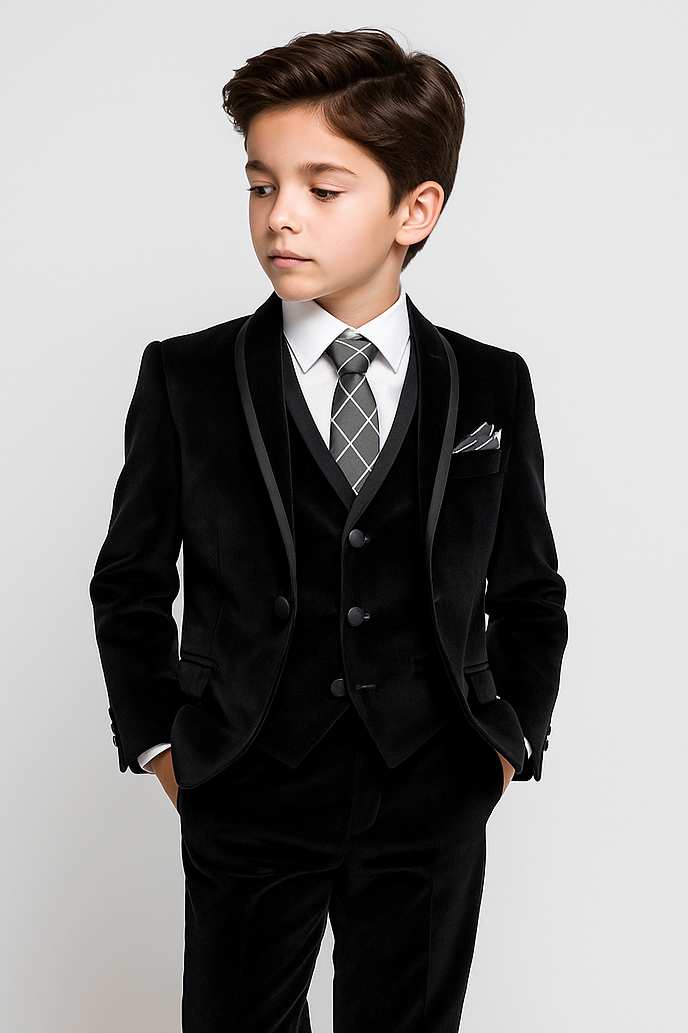 Boys Premium Black Velvet Tuxedo Suit: Ideal for Weddings & Formal Occasions