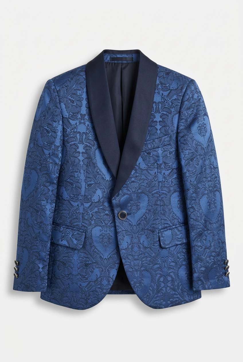 Boys Royal Blue Jacquard 4 Piece Suit with Bow Tie