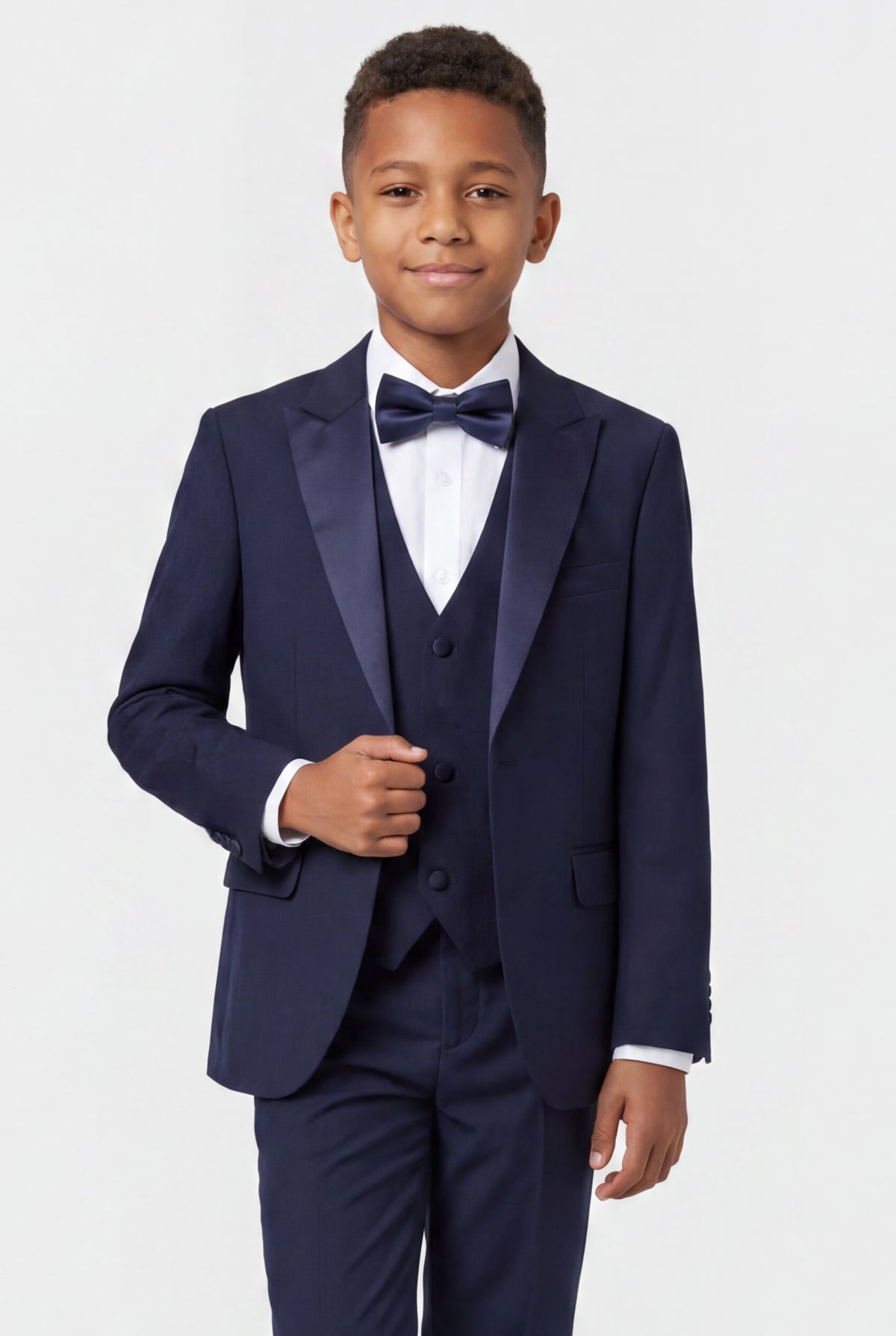 Boys Satin Lapel Tuxedo Suit - 4-Piece or 5-Piece with Cufflink Shirt - Navy Model Picture