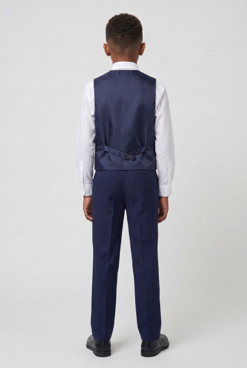 Boys Satin Lapel Tuxedo Suit - 4-Piece or 5-Piece with Cufflink Shirt - Navy Model Waistcoat Back Picture