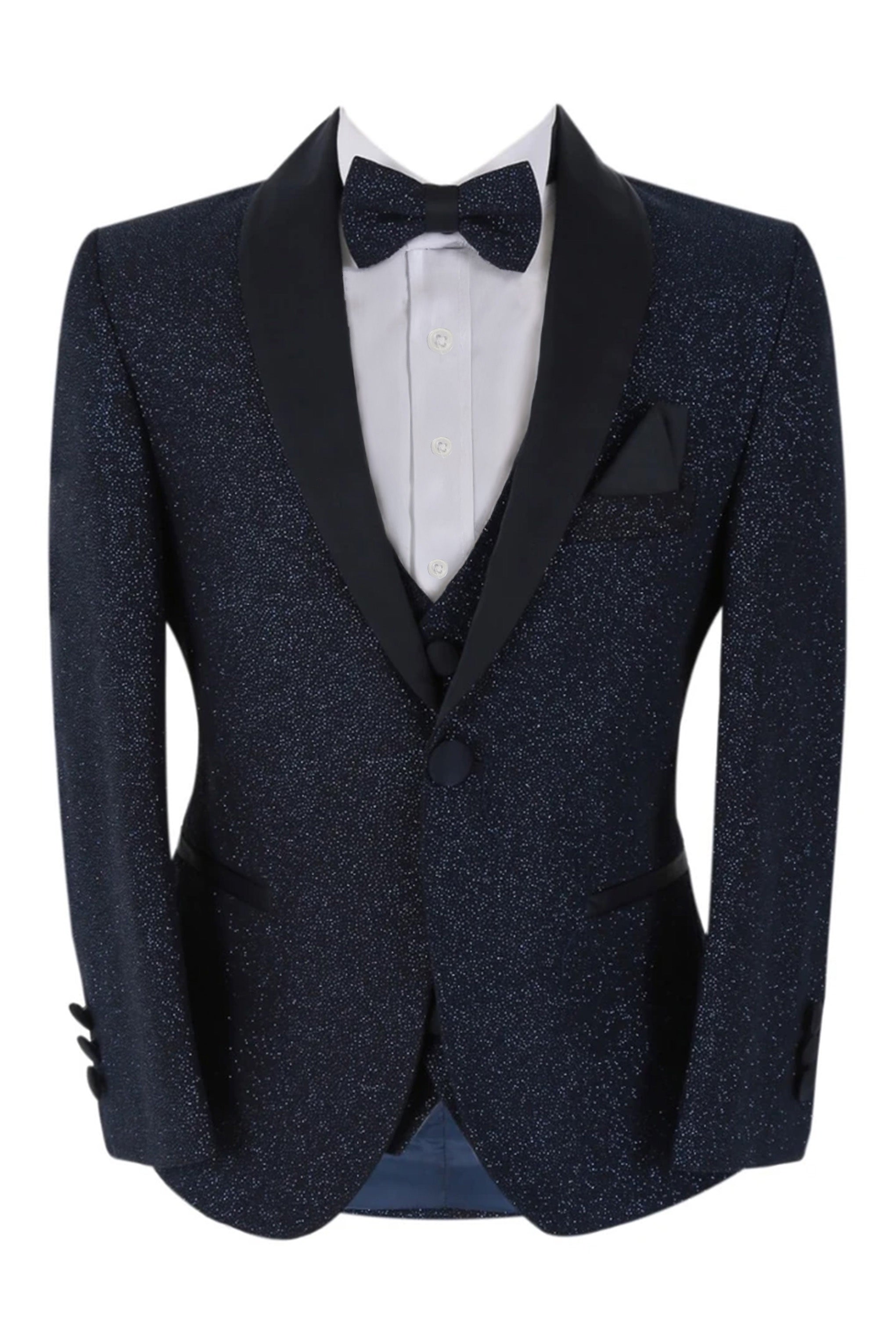 Boys Shimmer Tuxedo Dinner 6 Piece Suit Set - Navy Blue