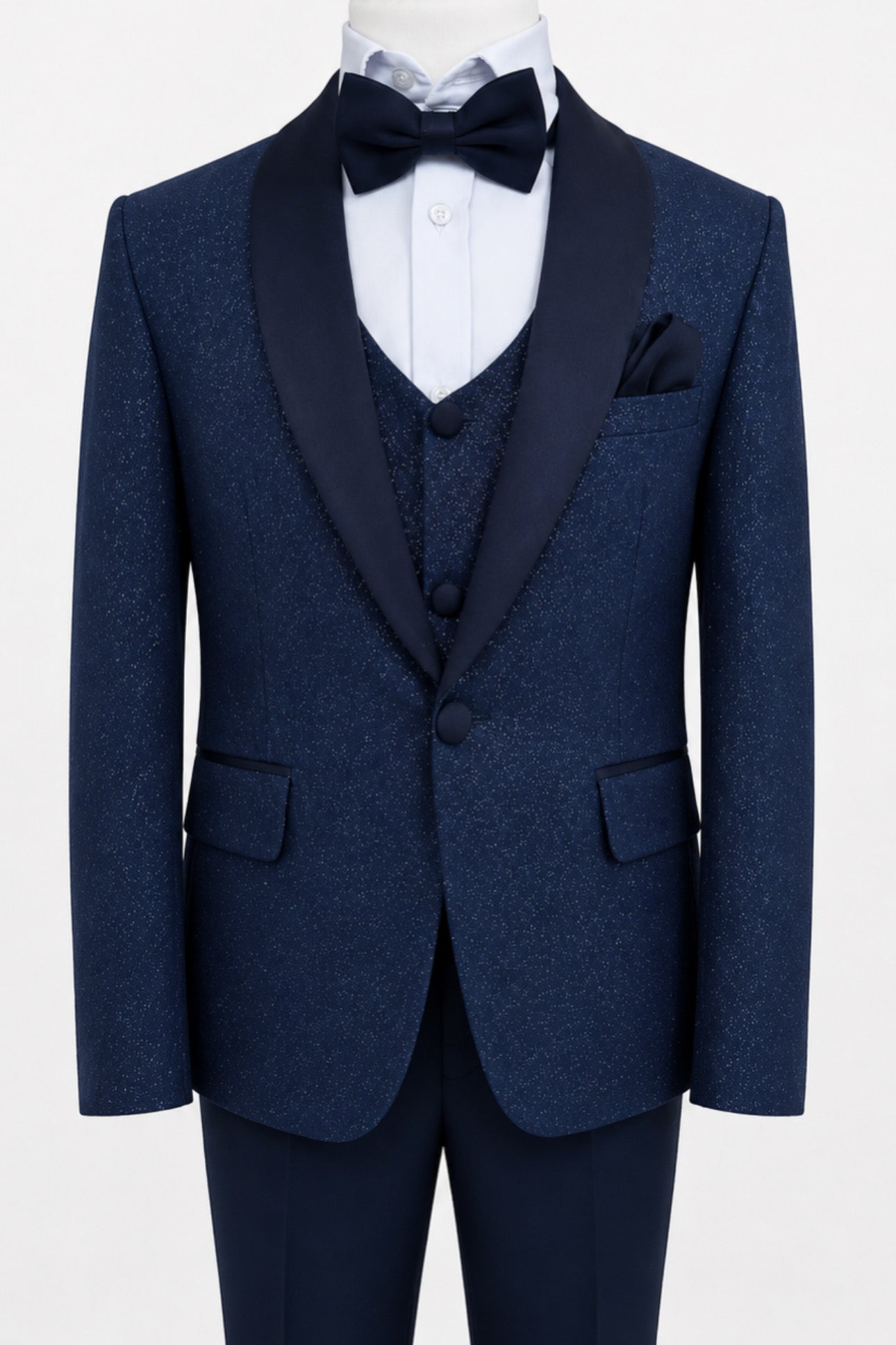 Boys Shimmer Tuxedo Suit with Shawl Lapel - 4-Piece & 5-Piece in Navy