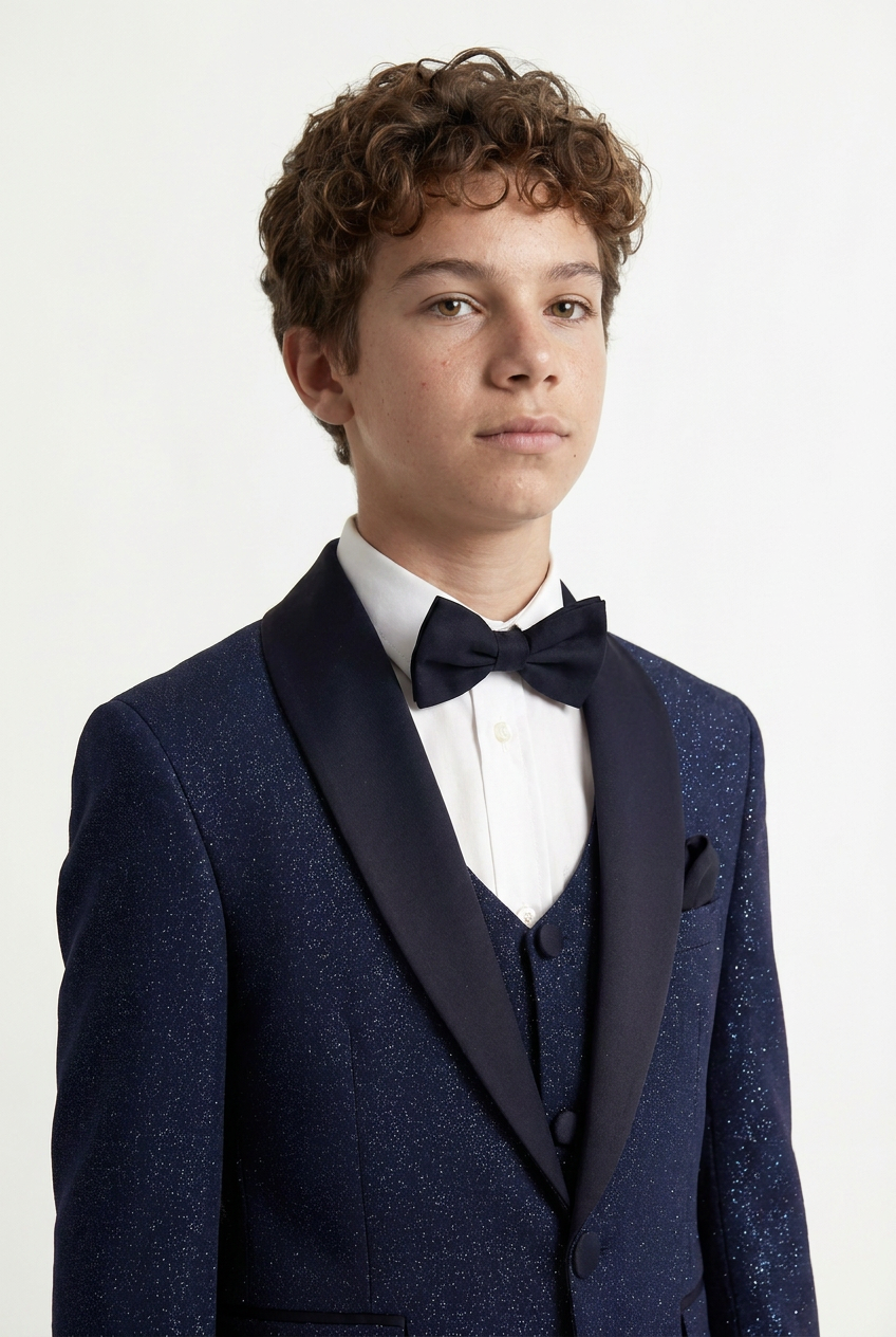 Boys Shimmer Tuxedo Suit with Shawl Lapel - 4-Piece & 5-Piece in Navy