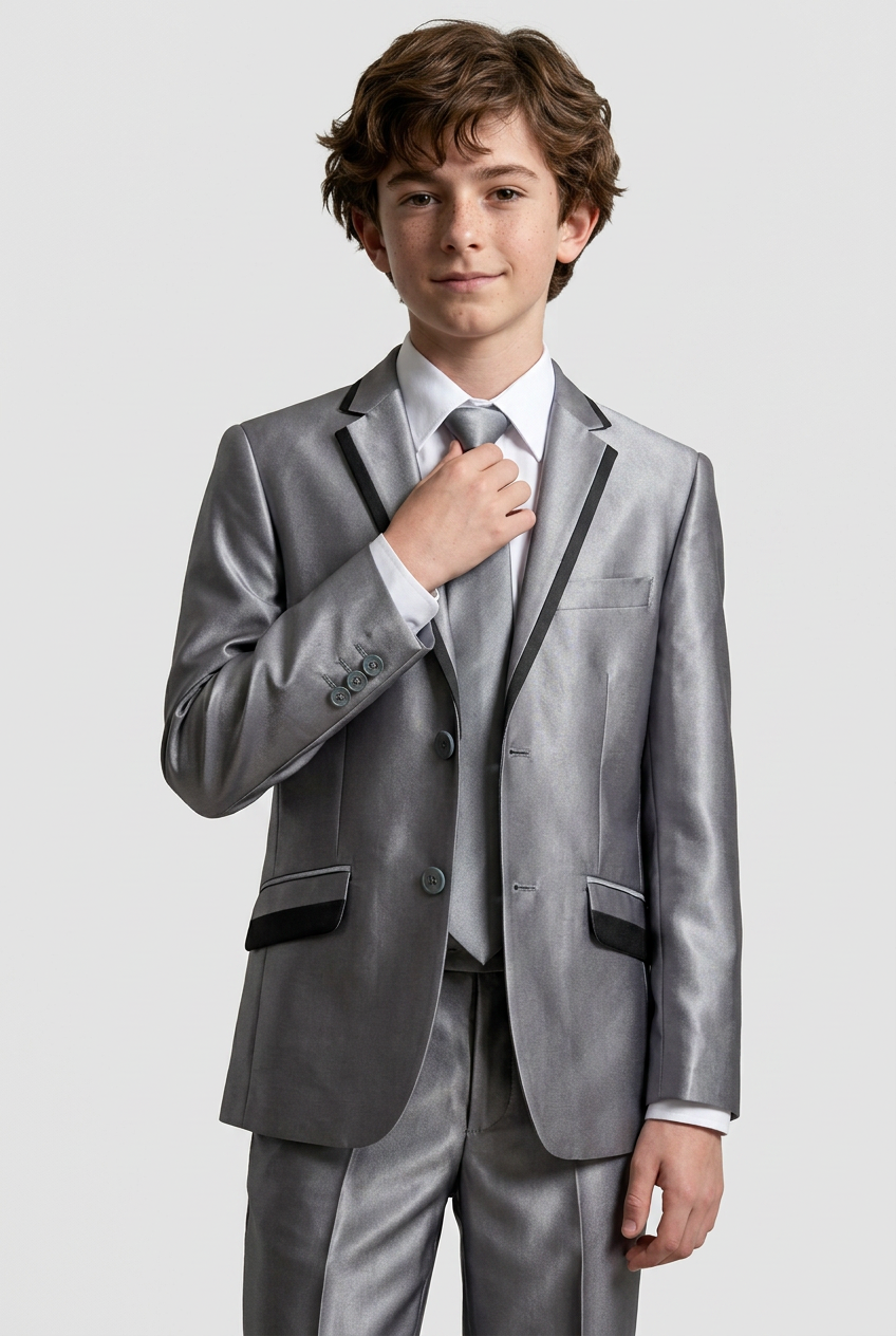 Boys Silver Grey 2 Piece Suit with Black Contrast Trim