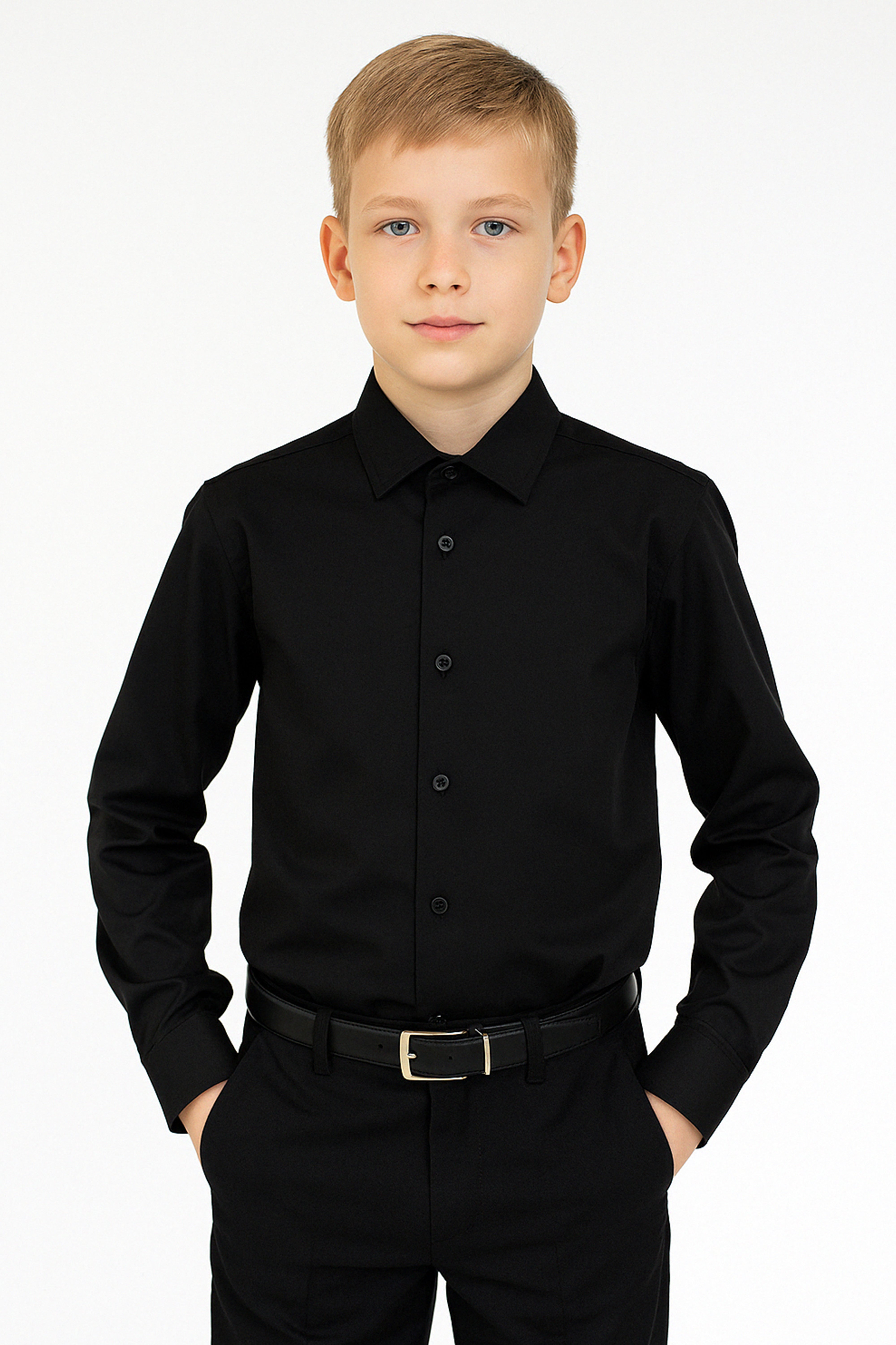 Boys Slim Fit Classic Cotton Blend Shirt - Black Front Pıcture