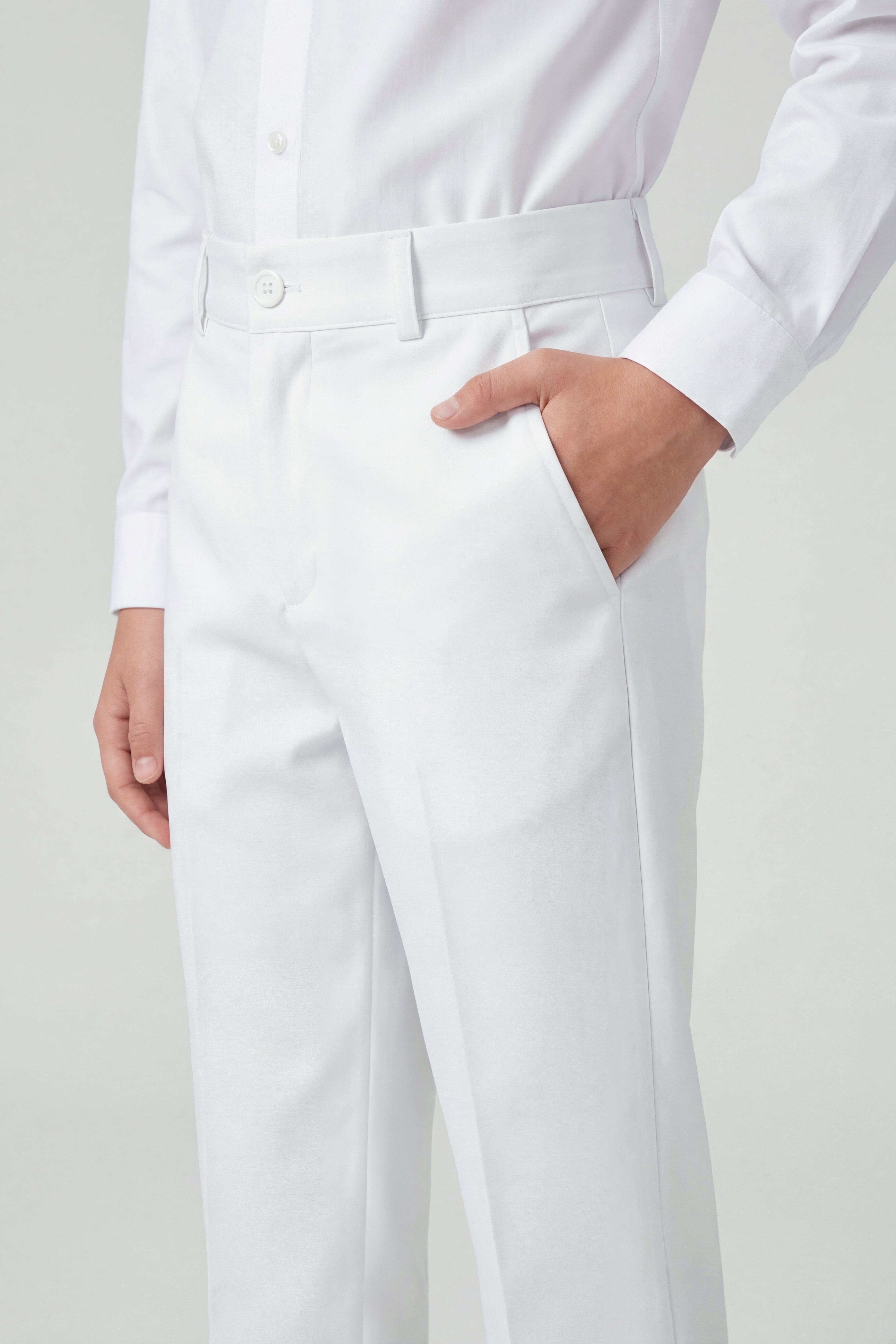 Boys Slim Fit Formal Trousers with Adjustable Waist - White