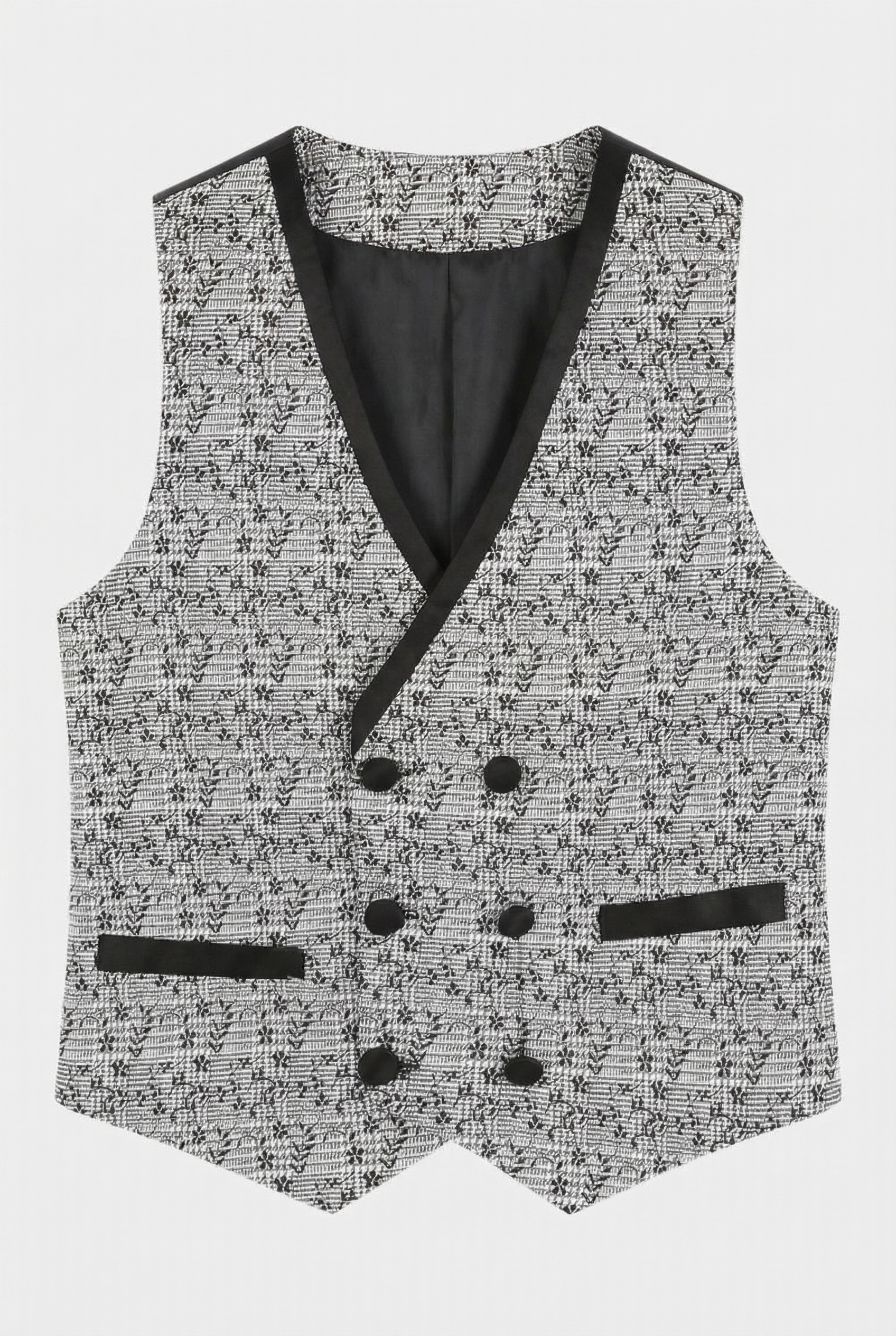 Boys Slim Fit Piping Grey Suit with Floral Waisctoat Set - Grey