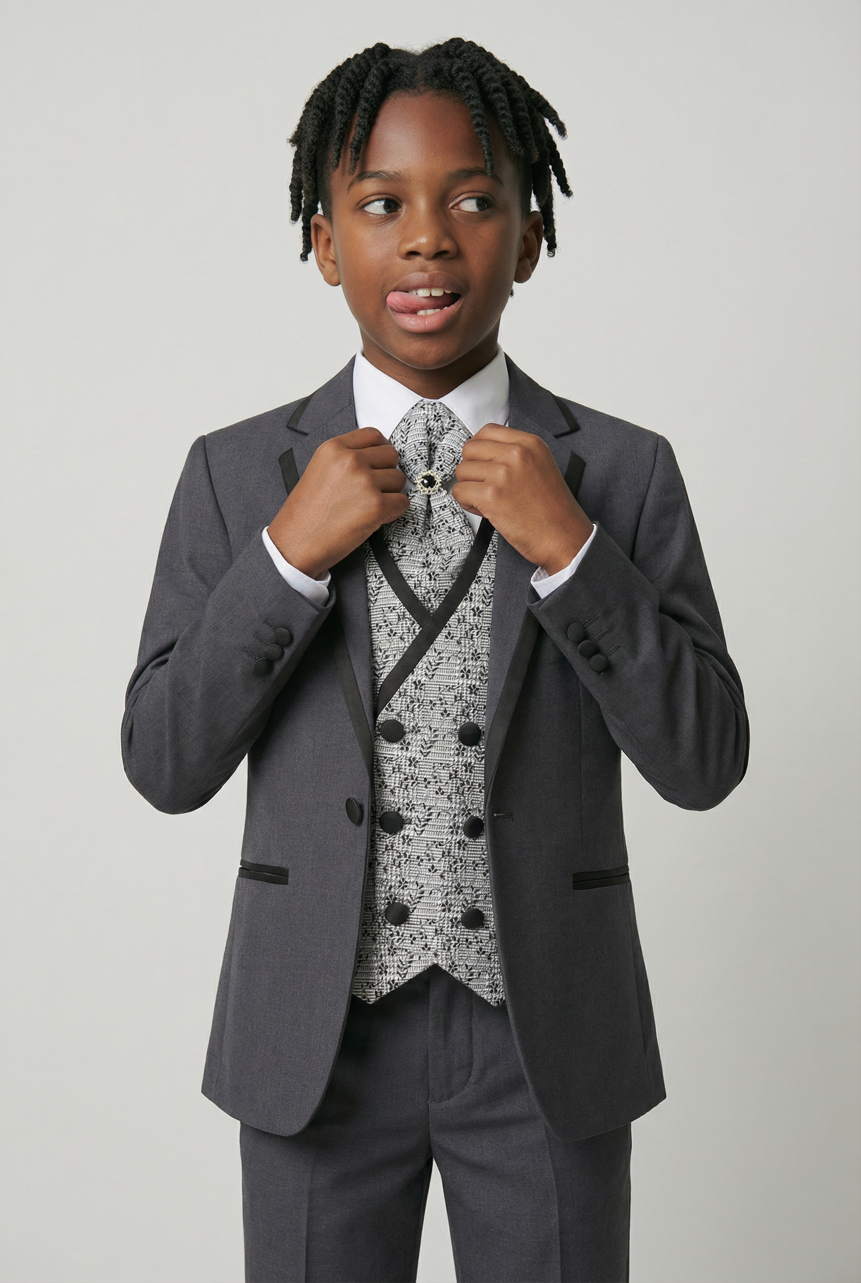 Boys Slim Fit Piping Grey Suit with Floral Waisctoat Set - Grey