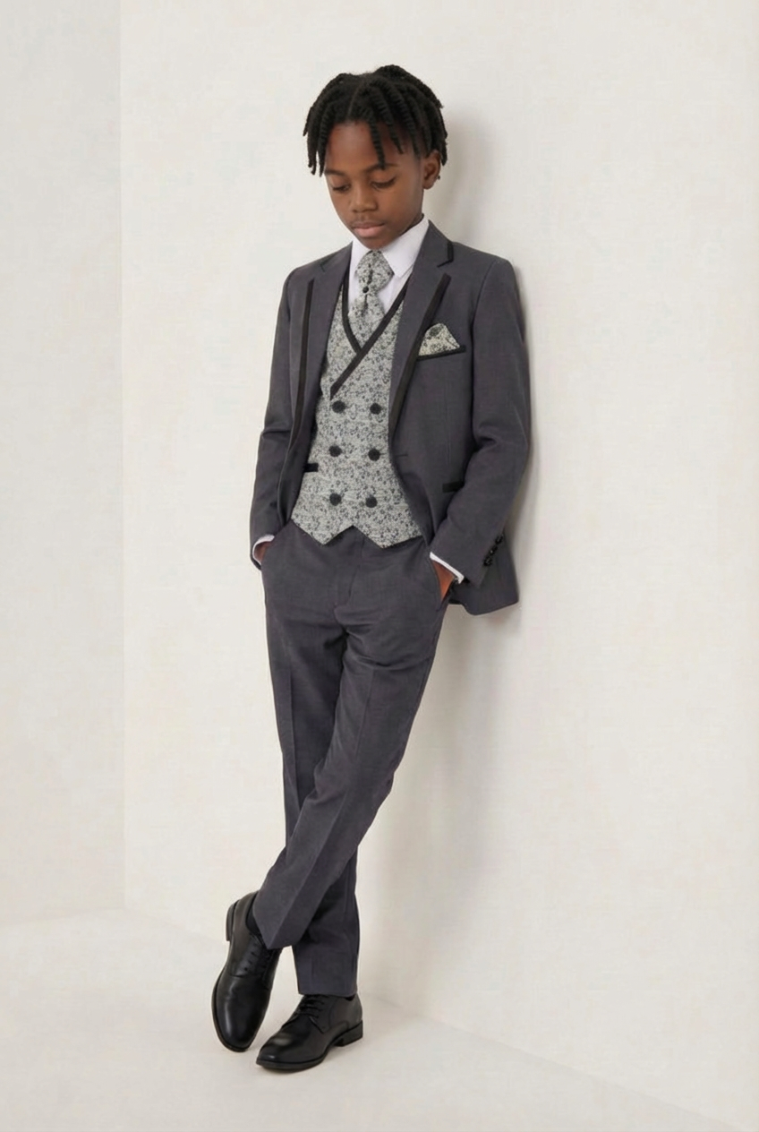 Boys Slim Fit Piping Grey Suit with Floral Waisctoat Set - Grey