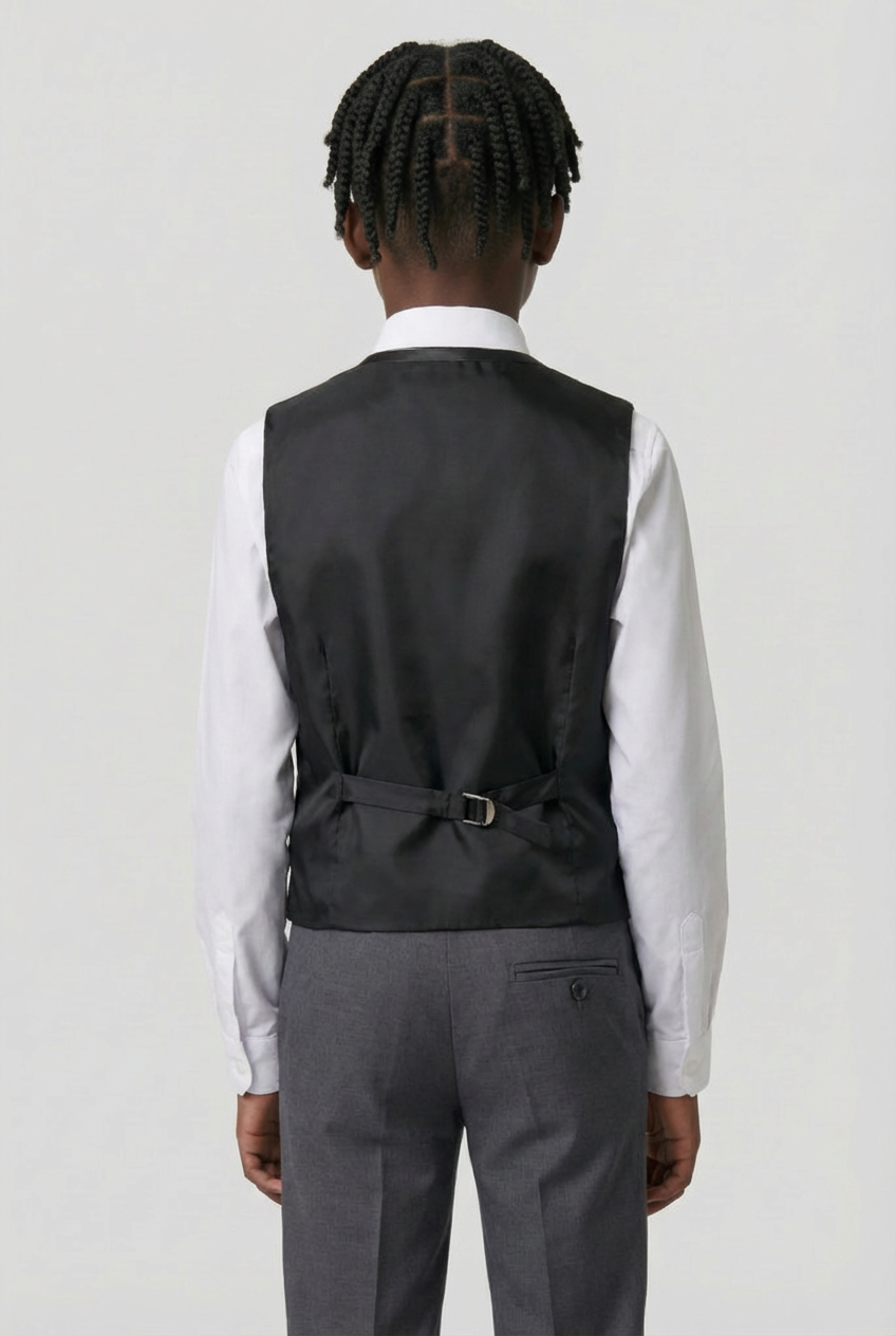 Boys Slim Fit Piping Grey Suit with Floral Waisctoat Set - Grey