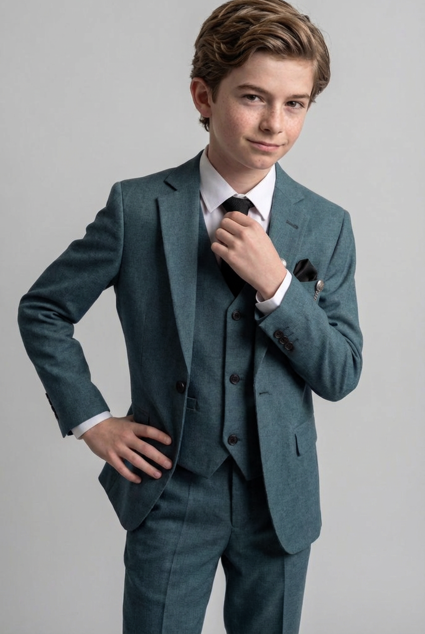 Boys Slim Fit Textured 8-Piece Formal Suit Set - Teal Green