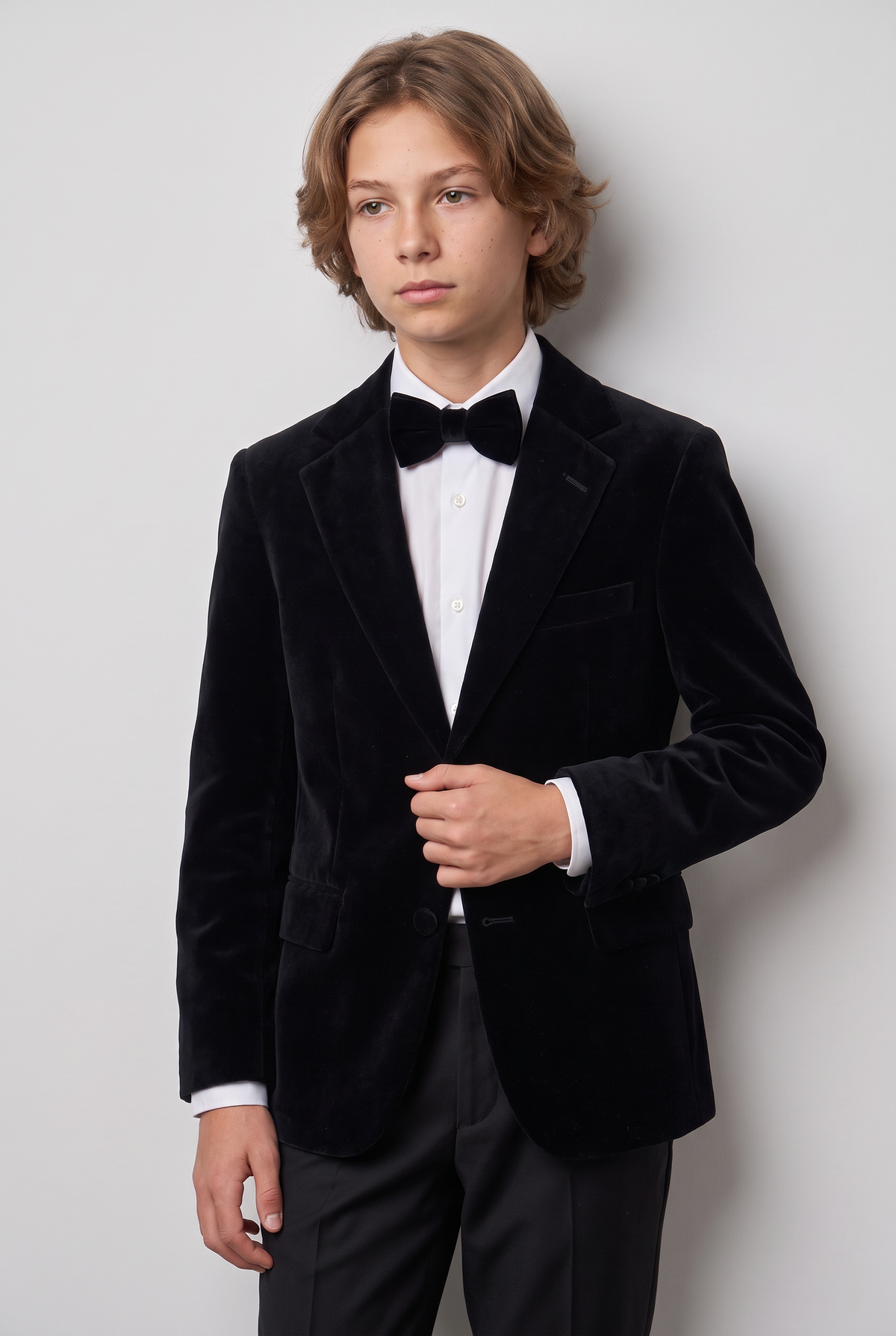 Boys Slim Fit Velvet Blazer - SAVOY - Black Front Picture