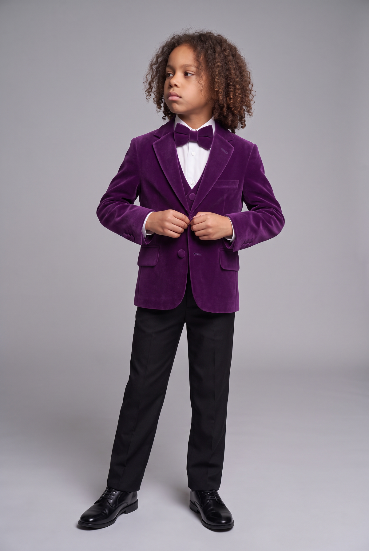 Boys Slim Fit Velvet Dinner Suit - 3-Piece & 5-Piece - SAVOY - Purple model picture