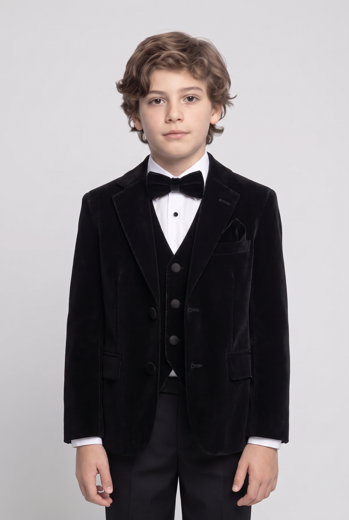 Boys Slim Fit Velvet Dinner Suit - 4-Piece & 5-Piece - SAVOY - Black Model Picture