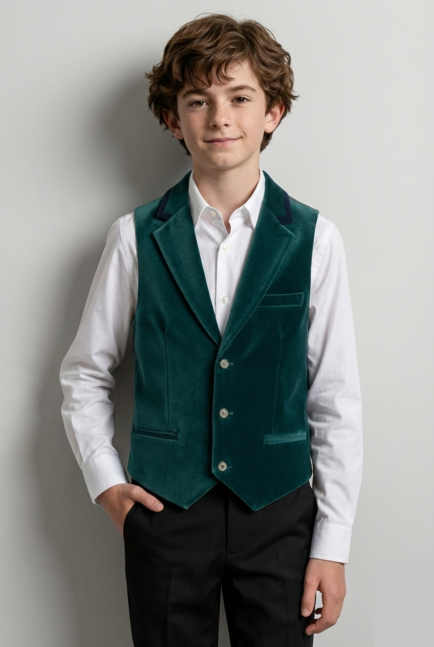 Boys Slim Fit Velvet Waistcoat with Lapel Trim - Green Model Picture