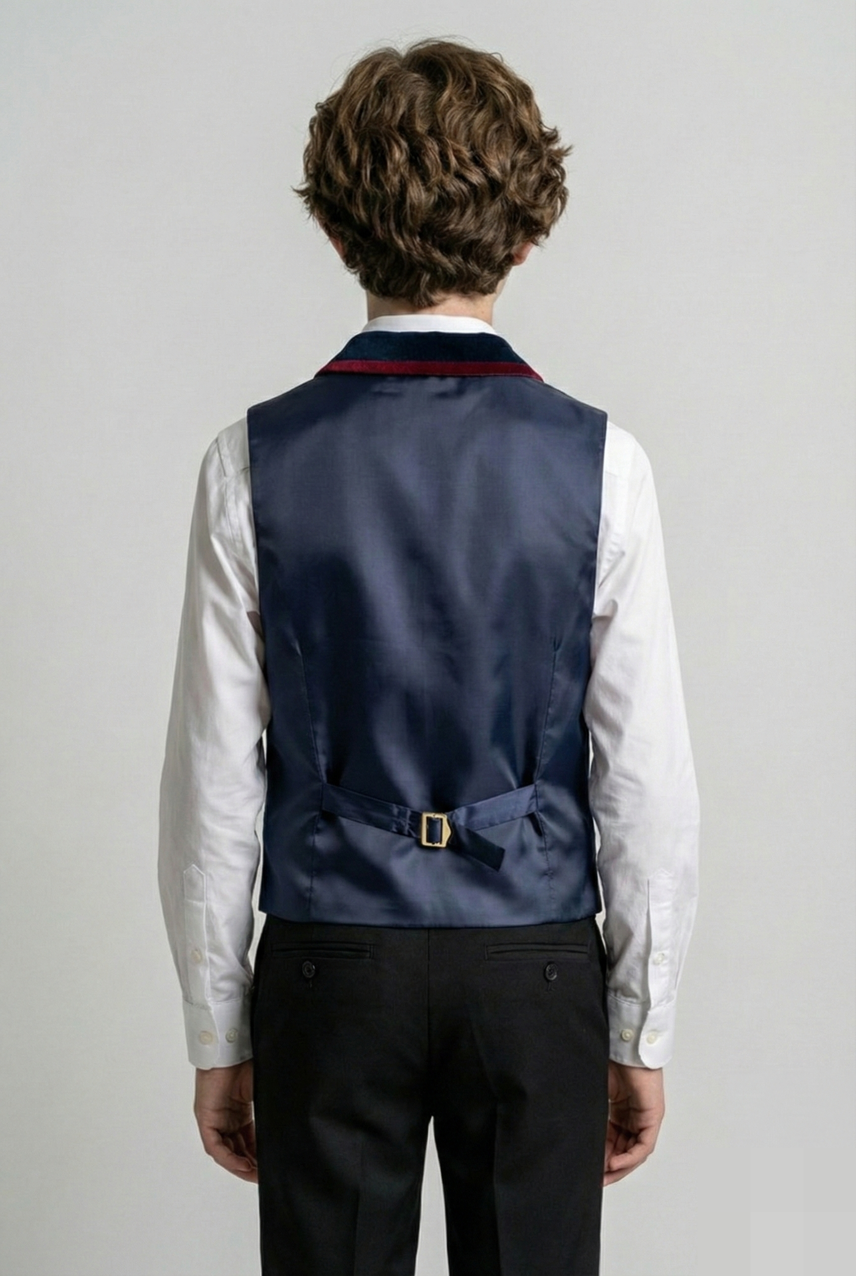 Boys Slim Fit Velvet Waistcoat with Lapel Trim - Navy Blue Back Picture