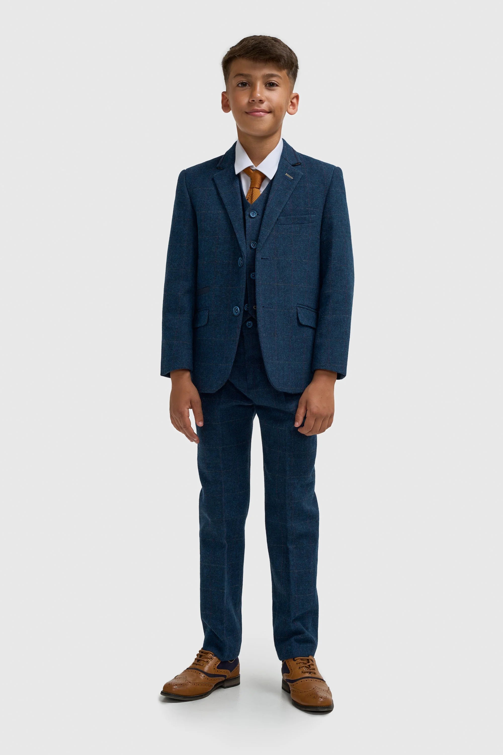 Boys Slim Fit Wool Blend Herringbone Tweed Blue Suit - CARNEGI NAVY Model Picture