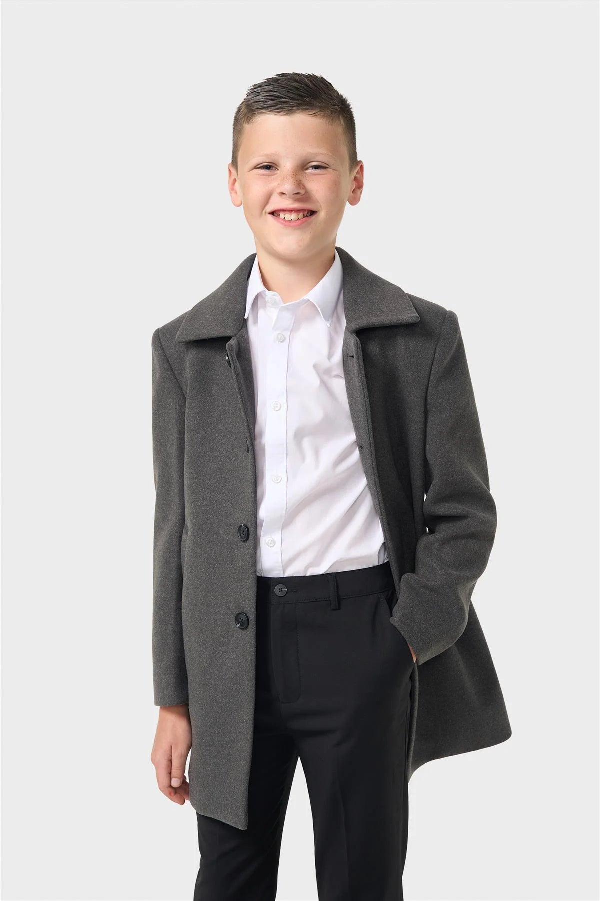 Boys Smart Tailored Formal Overcoat – Cavani Oscar Charcoal Grey Model Picture