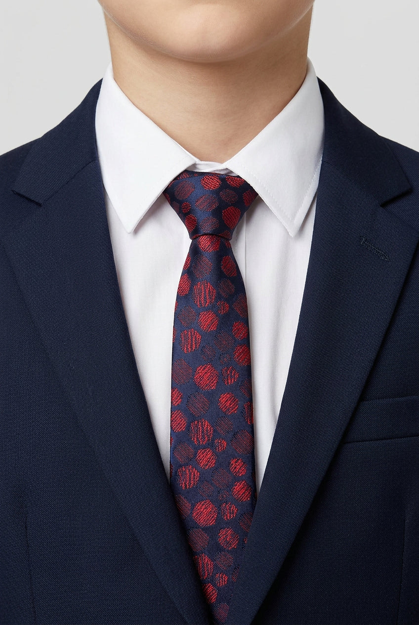 Boys Spotted Jacquard Slim Tie - Navy & Red