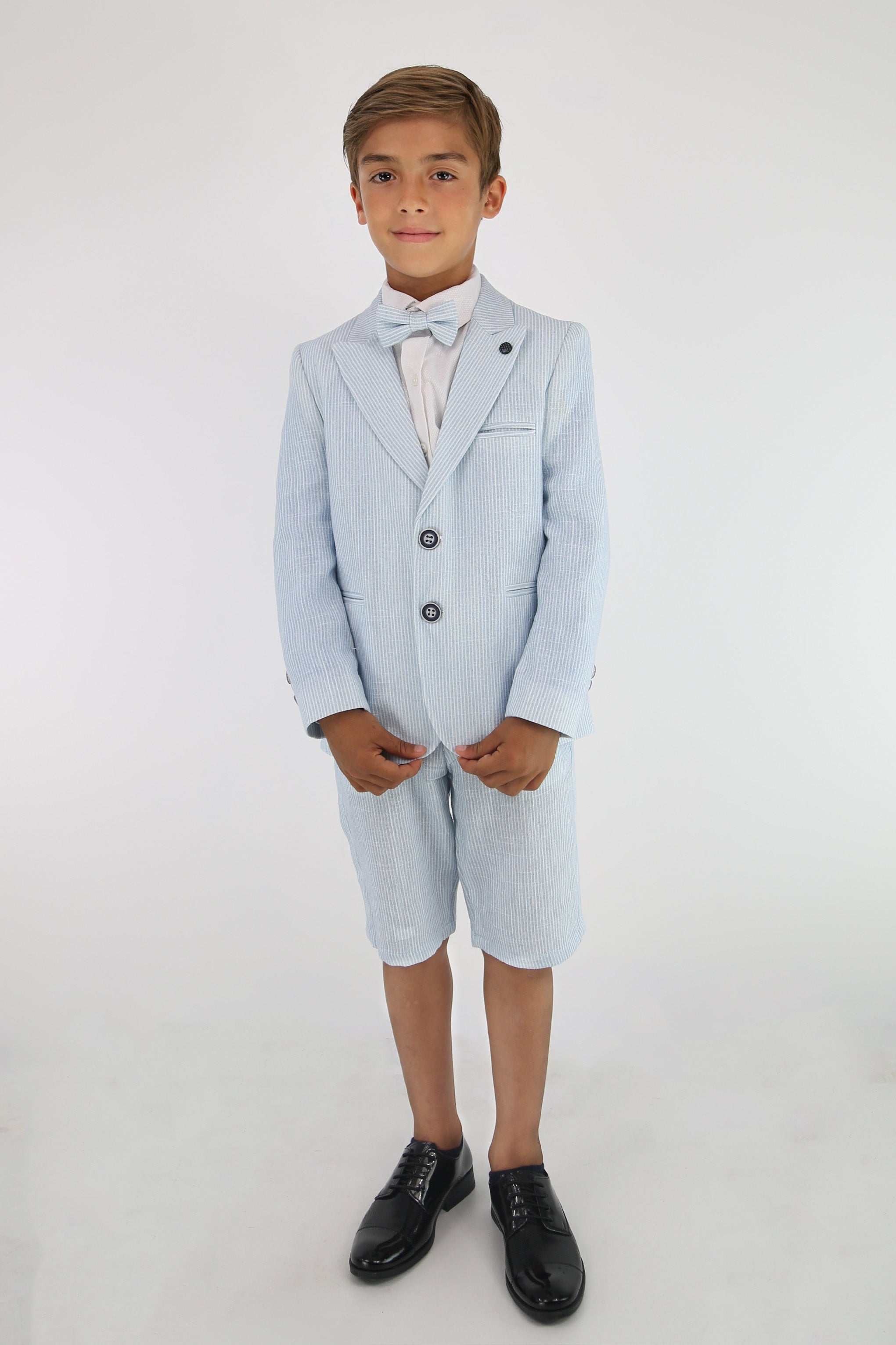 Boys Striped Cotton Seersucker Short Suit – ALEXANDER - Sky Blue