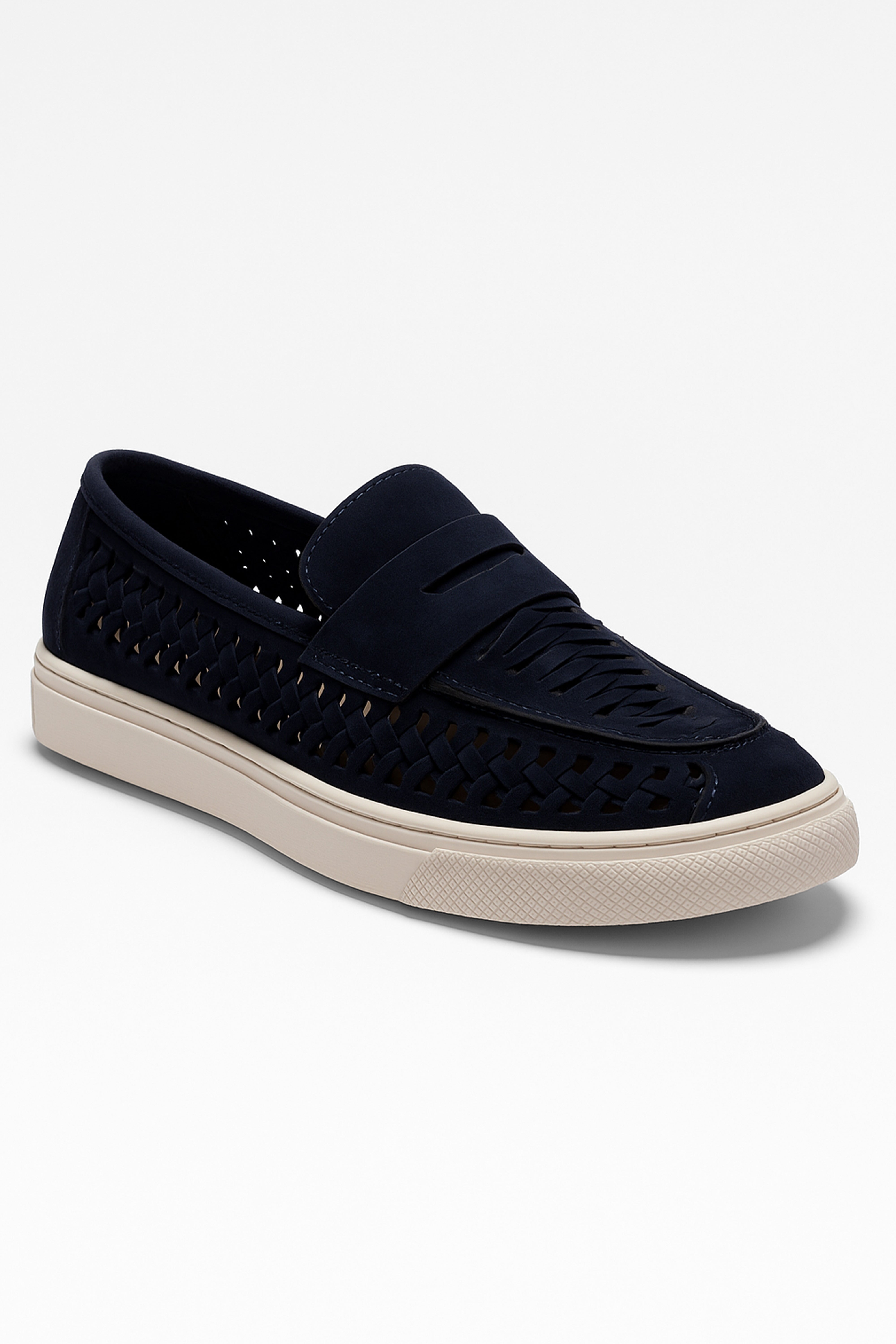 Boys Suede Penny Loafers with Woven Detail - TROY - Navy Blue Side Picture