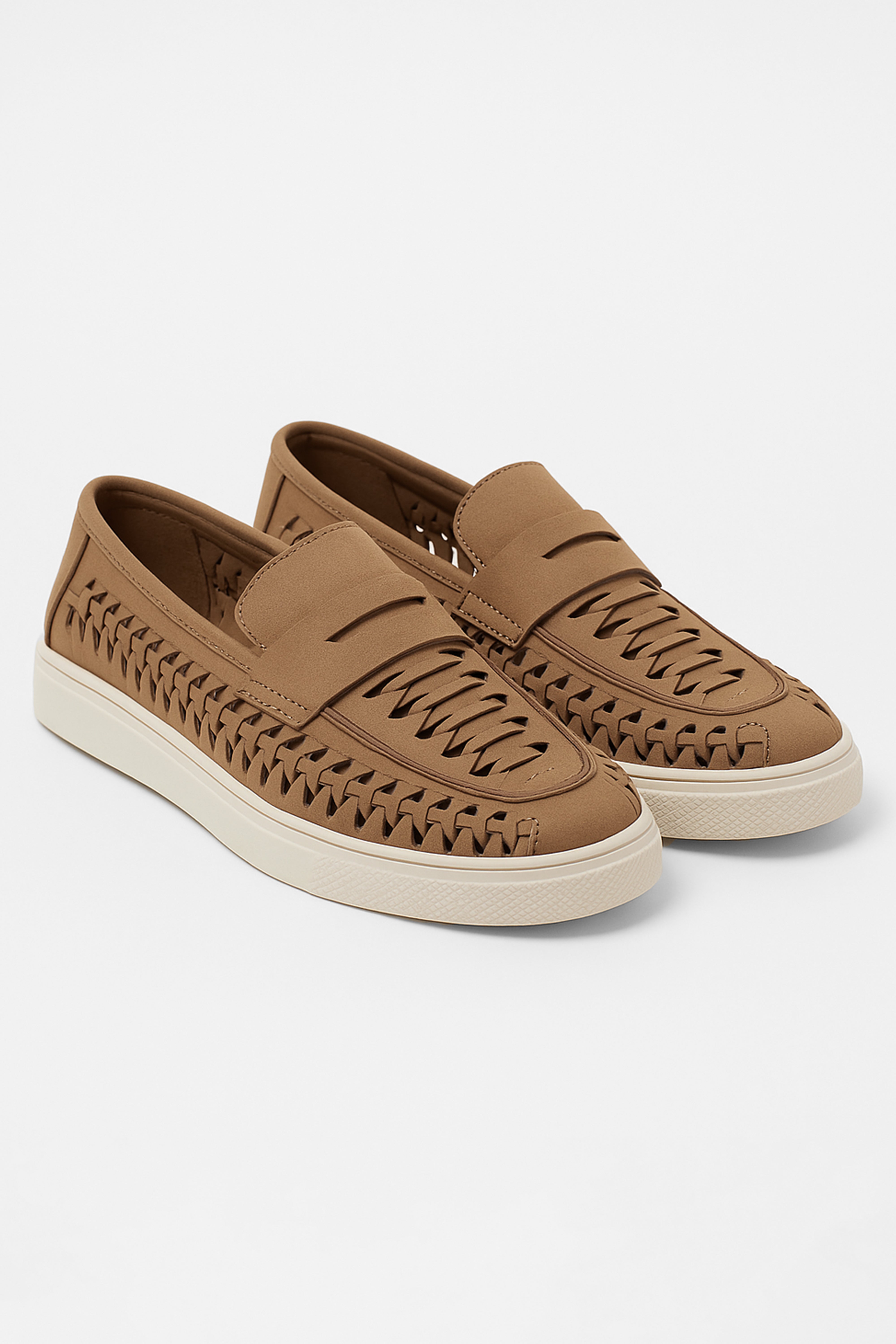 Boys Suede Penny Loafers with Woven Detail - TROY - Tan Pair Side Picture