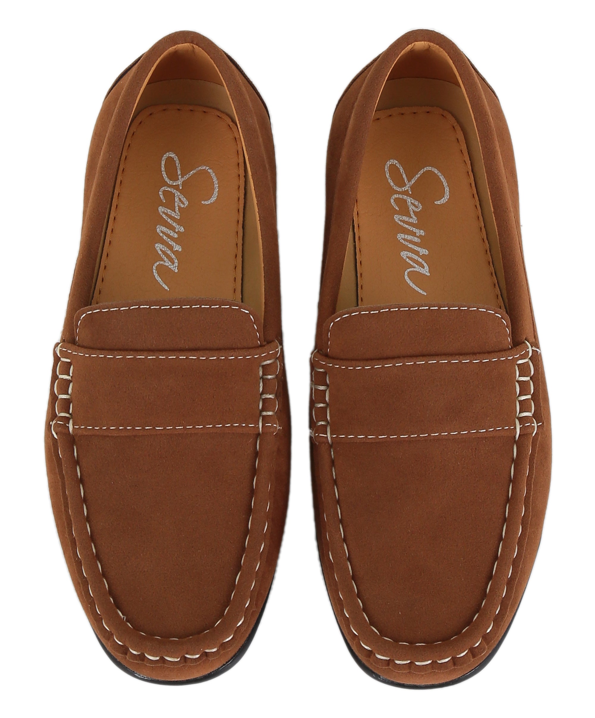 Boys Suede Slip On Penny Loafer - DUNCAN - Tan Brown Front Picture