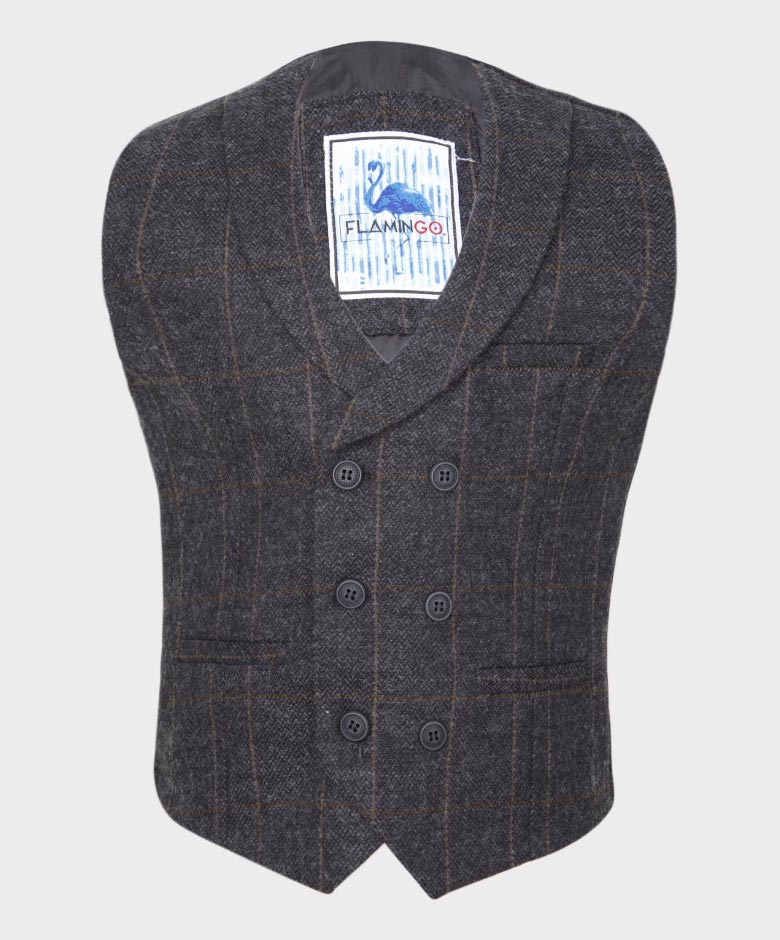Boys Tailored Fit Herringbone Tweed Check Waistcoat Set - Dark Grey