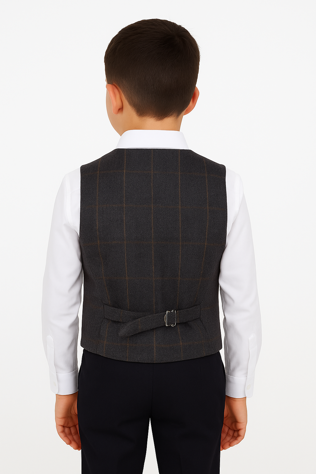 Boys Tailored Fit Herringbone Tweed Check Waistcoat Set - Dark Grey