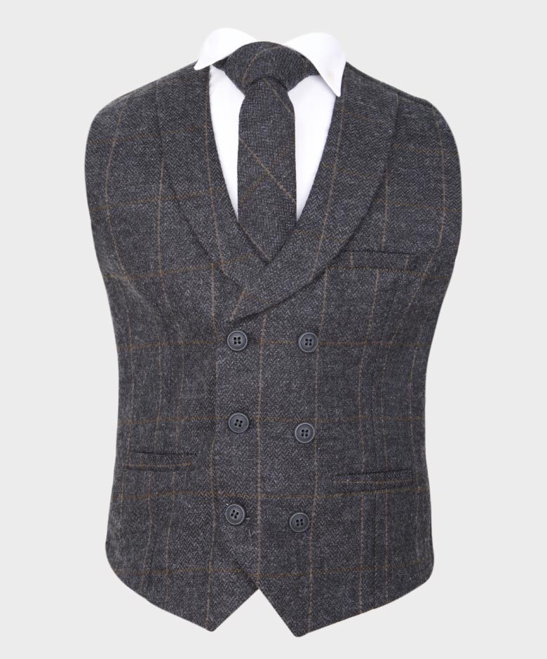 Boys Tailored Fit Herringbone Tweed Check Waistcoat Set - Dark Grey