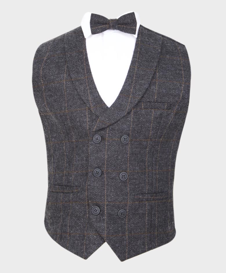 Boys Tailored Fit Herringbone Tweed Check Waistcoat Set - Dark Grey