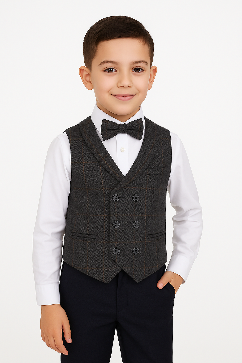 Boys Tailored Fit Herringbone Tweed Check Waistcoat Set - Dark Grey