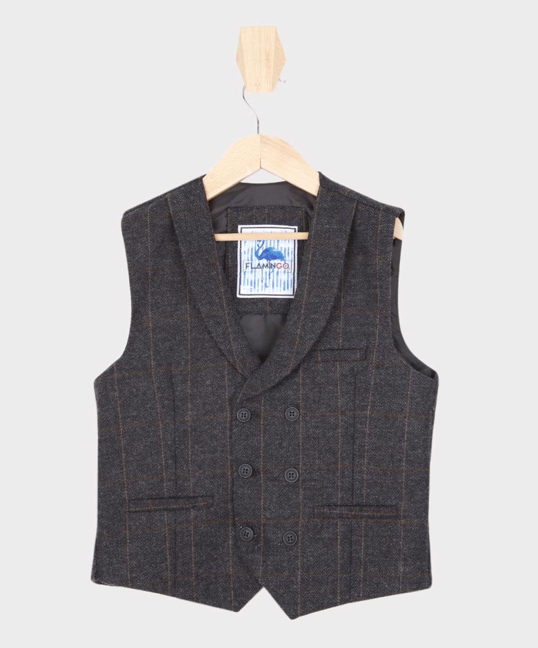 Boys Tailored Fit Herringbone Tweed Check Waistcoat Set - Dark Grey