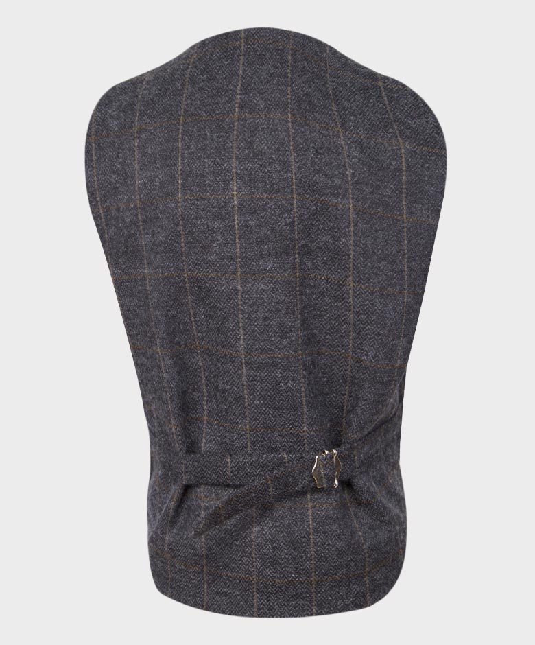Boys Tailored Fit Herringbone Tweed Check Waistcoat Set - Dark Grey