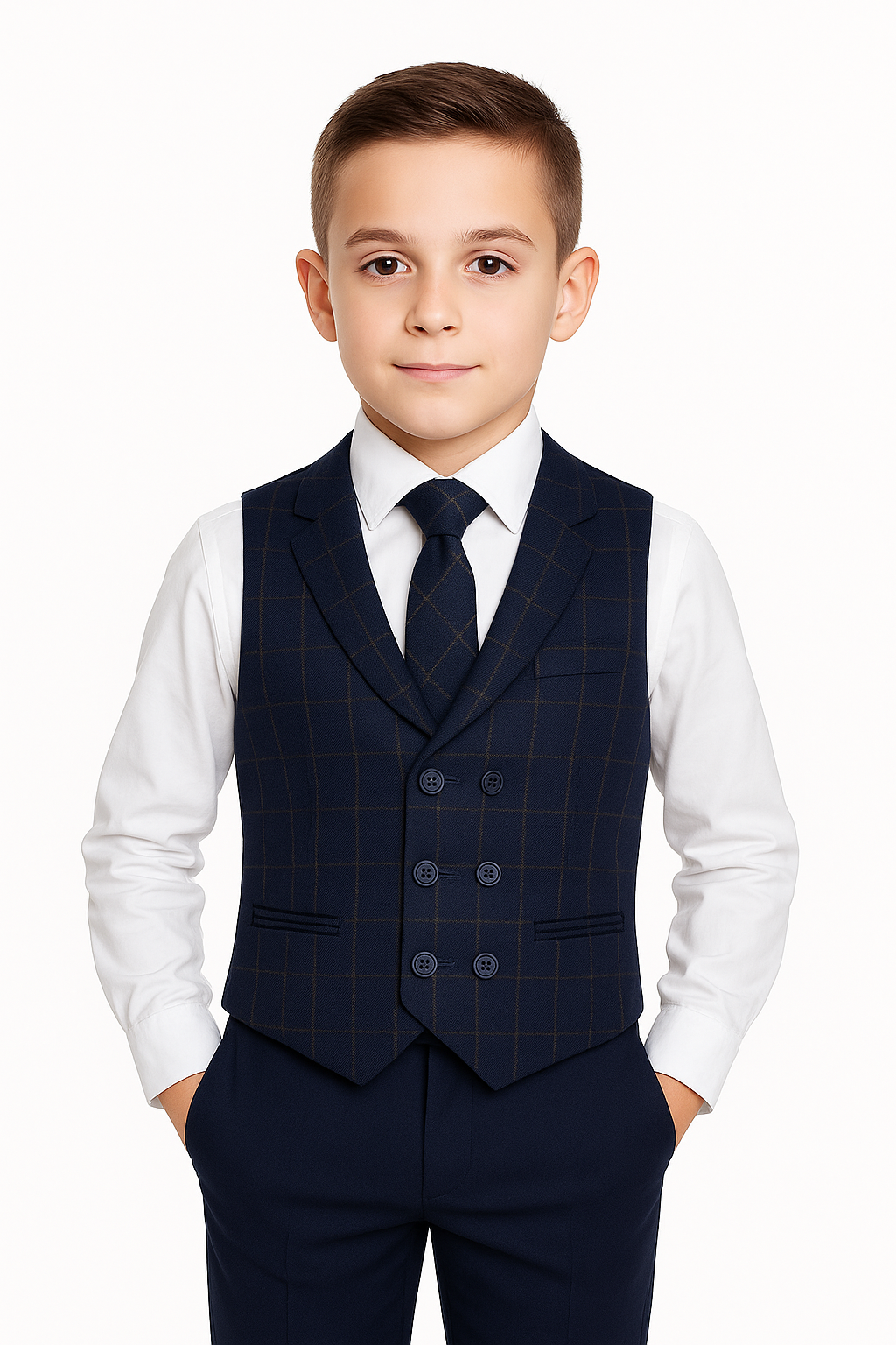 Boys Tailored Fit Herringbone Tweed Check Waistcoat Set - Navy Blue Model Picture