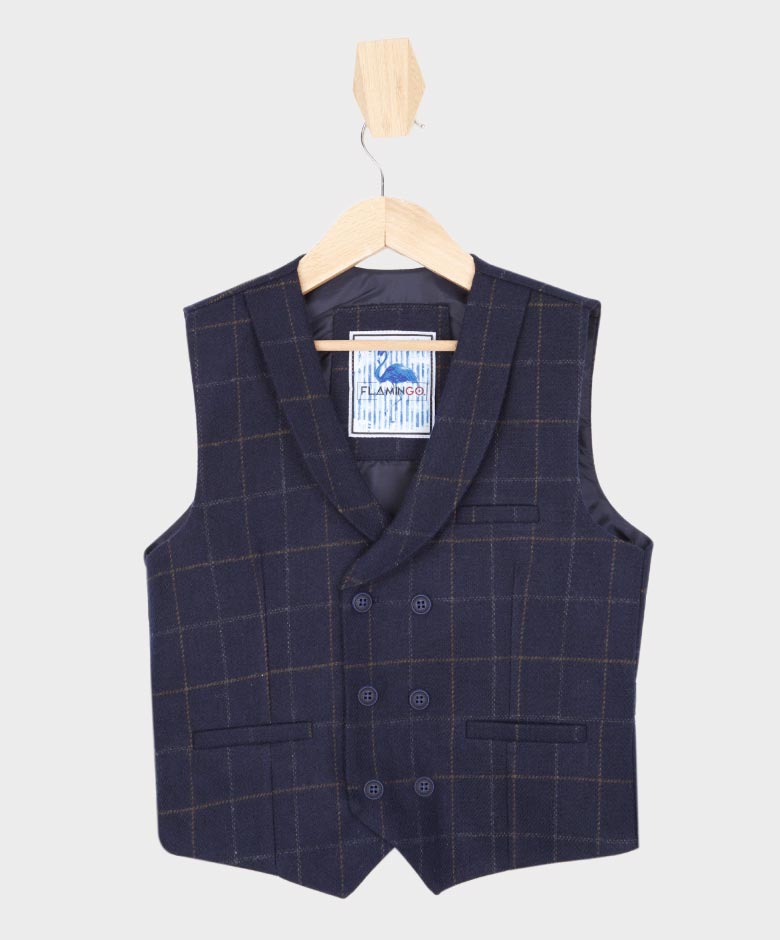 Boys Tailored Fit Herringbone Tweed Check Waistcoat Set - Navy Blue